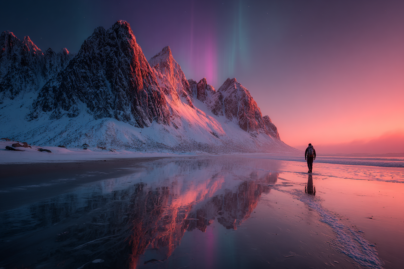 Polarlicht Schneebedeckte Berge Aurora Borealis Reflektierender Strand Pittoreske Szene | Fjorde und Gletscher | Landschaften
