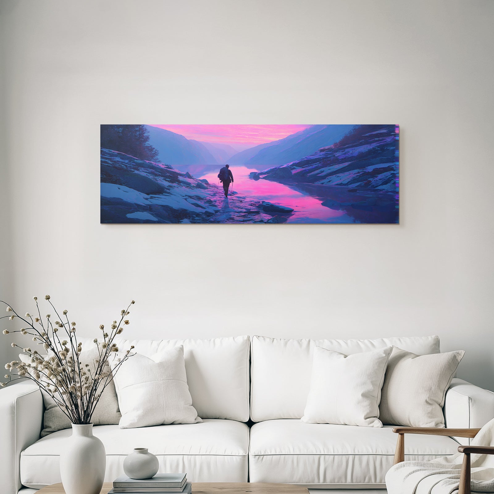 Polarlicht Ruhige Landschaft Mit Person Am Steinigen Ufer Bei Sonnenaufgang Oder Sonnenuntergang | Fjorde und Gletscher | Landschaften