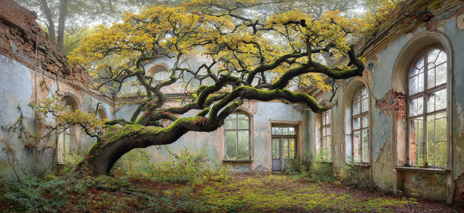 Verwilderter Raum Mit Baum Und Verfallenen Wänden | Lost Places | Architektur