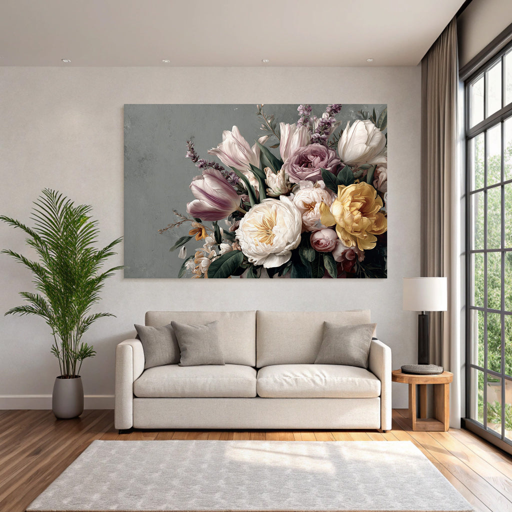 Strauss Mit Tulpen Pfingstrosen Und Grünen Blättern