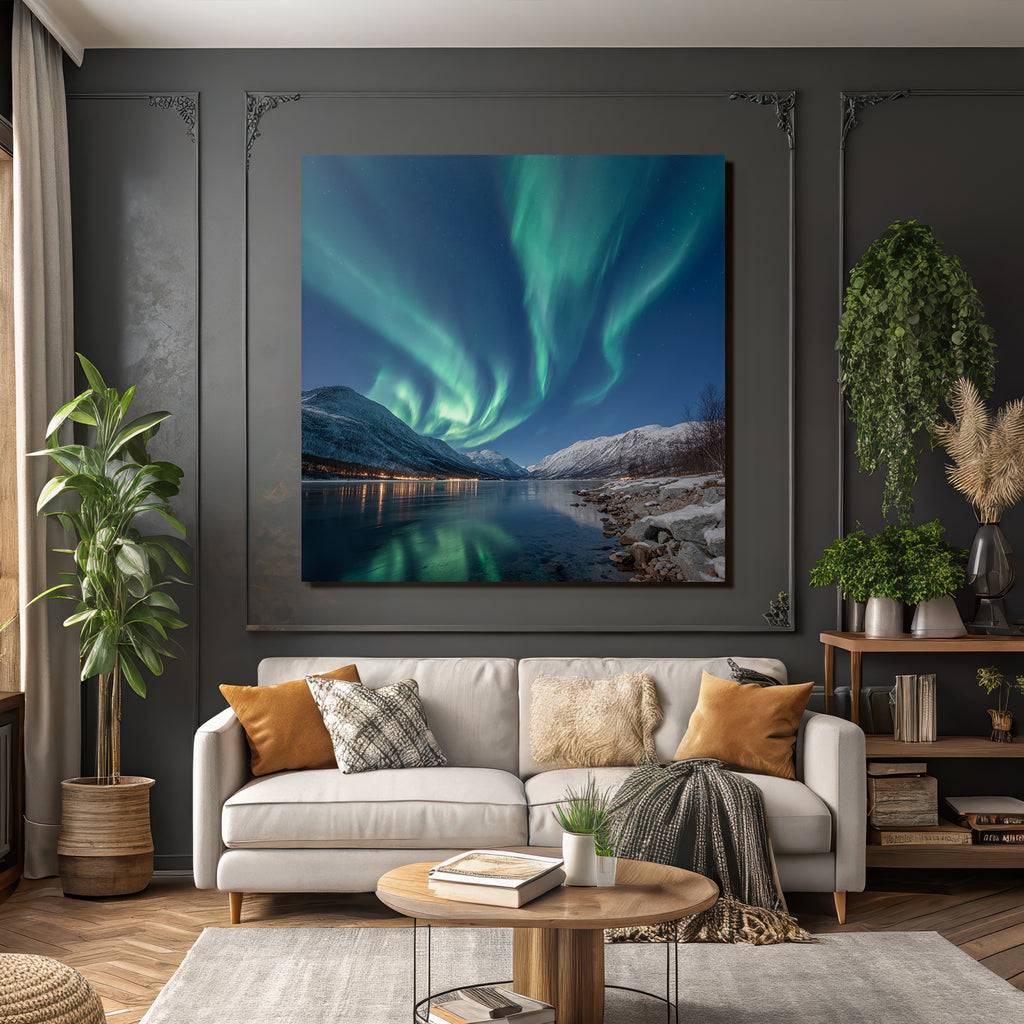 Polarlicht Aurora Borealis Nachtlandschaft Mit Reflexionen In Klarem Wasser | Fjorde und Gletscher | Landschaften