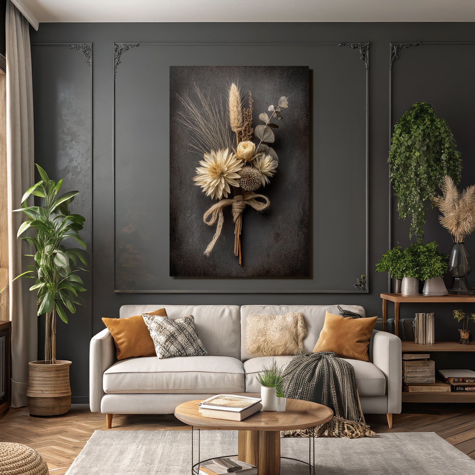 Trocken Retro Flowers Getrocknete Straus Mit Gras Schnur Dunkler Hintergrund