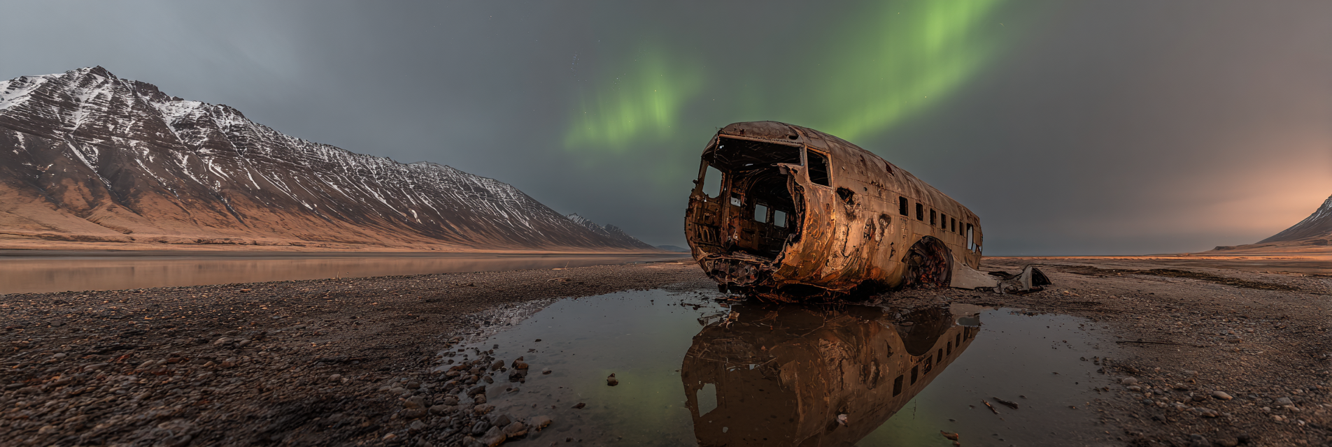 Polarlicht Verfallene Fahrzeuge Und Aurora Borealis Mountains See | Fjorde und Gletscher | Landschaften