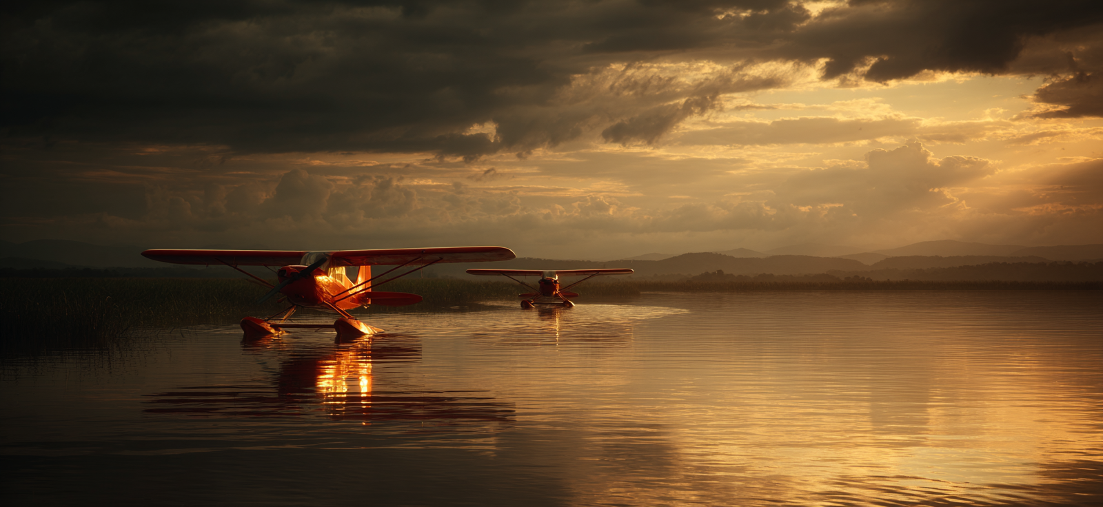Ruhige Seaplane Im Sonnenuntergang Mit Bergen Hintergrund | Flugzeuge | Mobilitaet und Technik