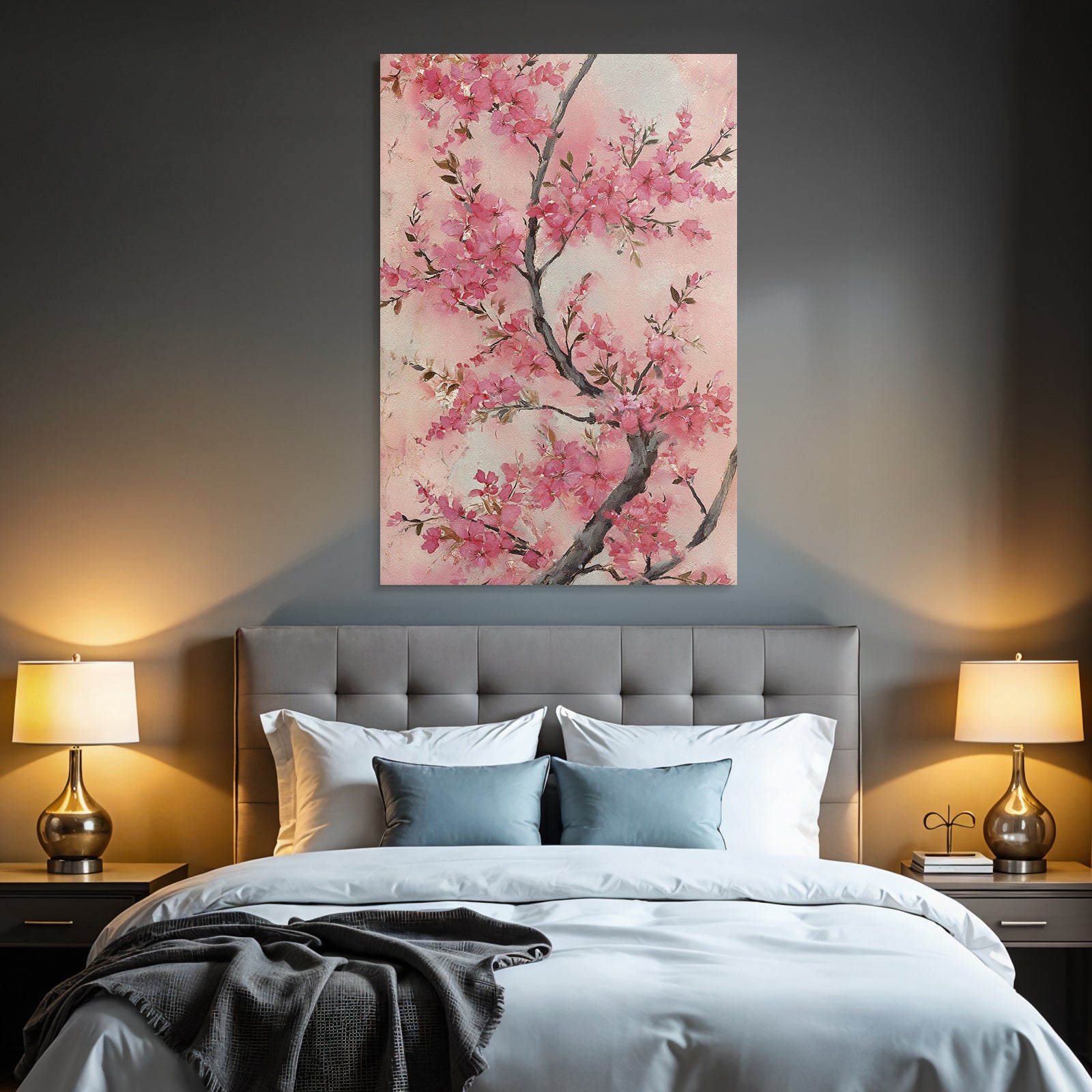 Aquarellbild Kirschblütenzweig In Rosa