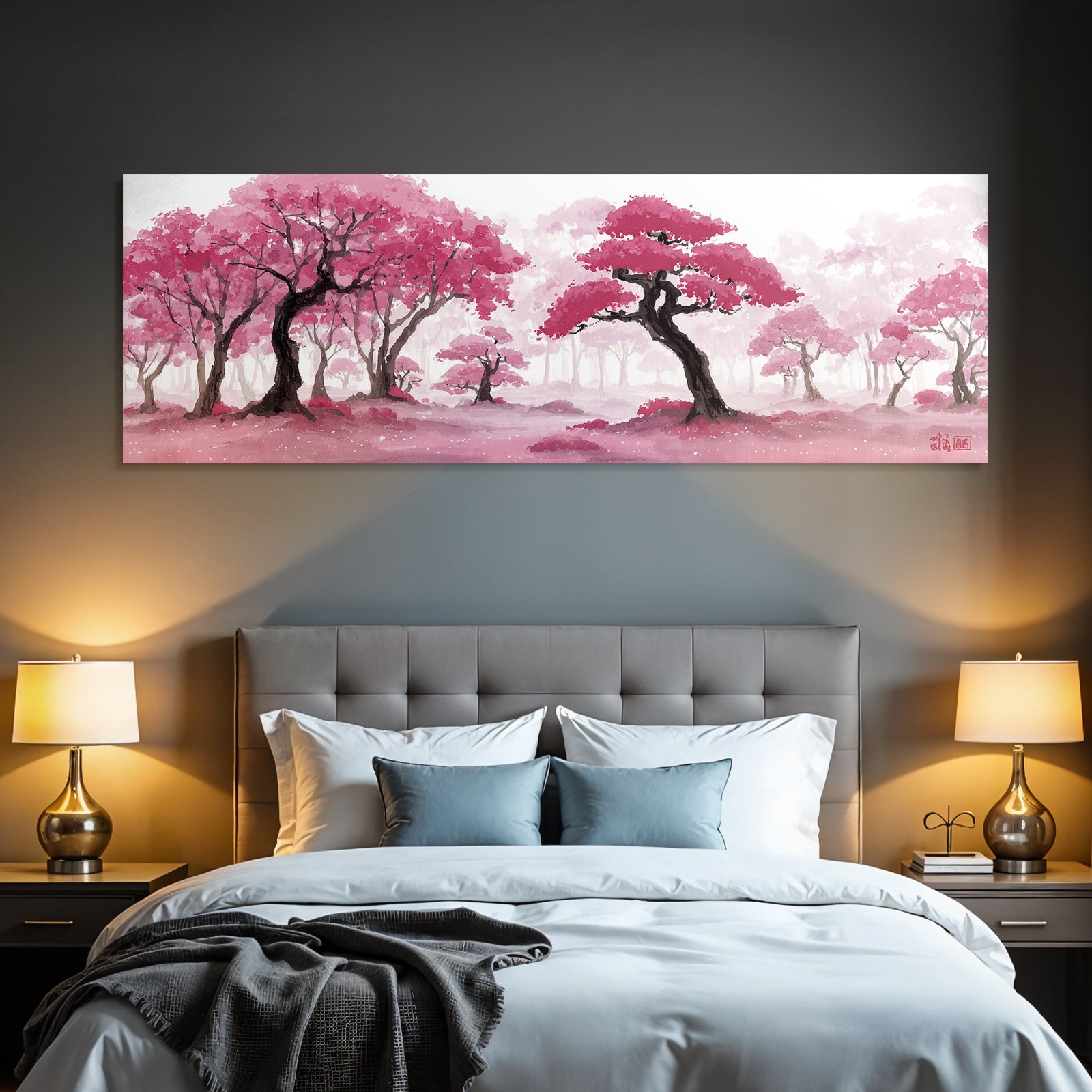 Traumhafte Waldlandschaft Mit Rosa Bäumen Und Wasserfarbeffekt