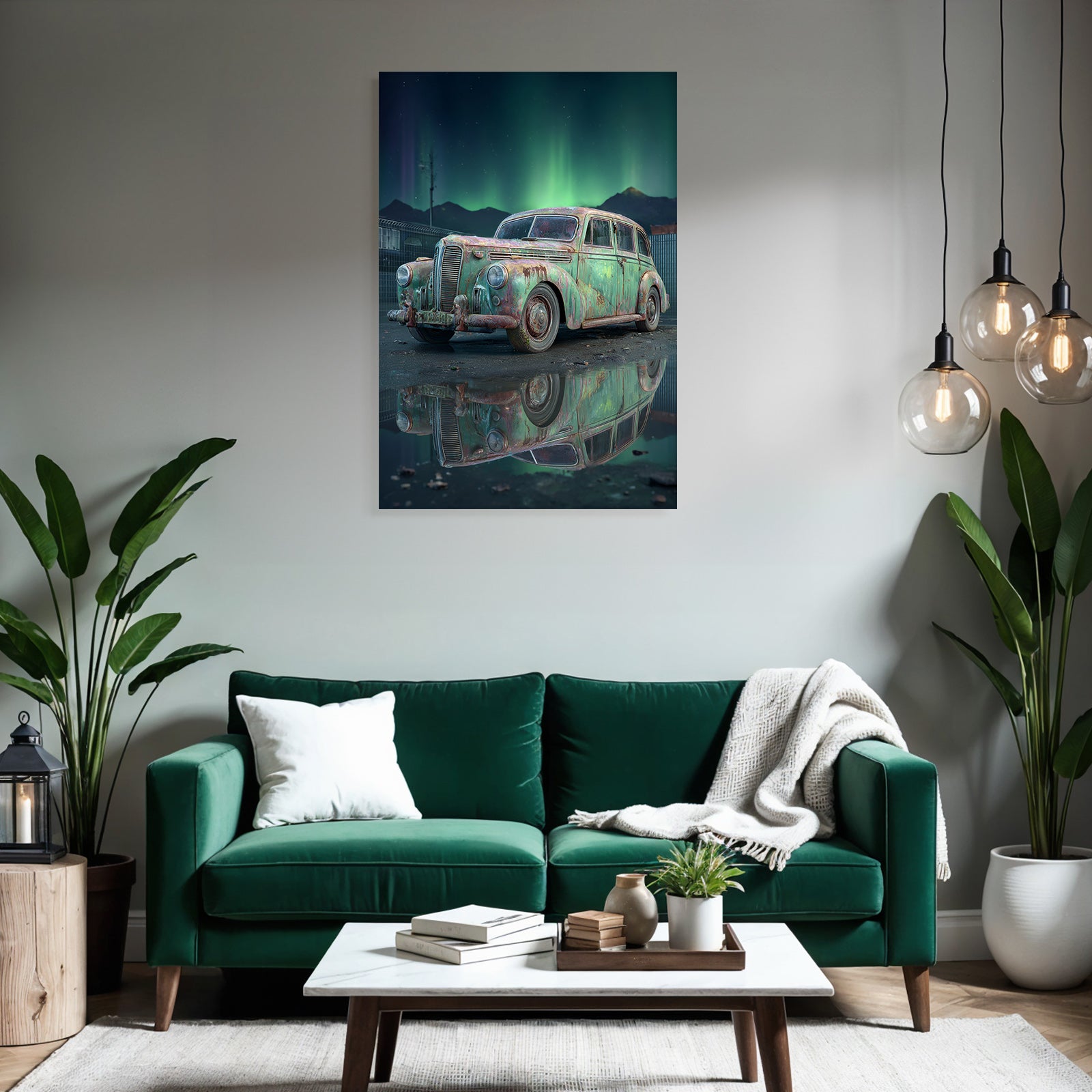 Polarlicht Alte Vintage Autos Schneelandschaft Northern Lights Reflexion In Pfütze | Fjorde und Gletscher | Landschaften