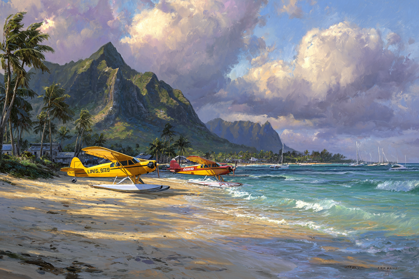 Tropische Idylle Mit Seaplanes Und Palmbaeumen Beachlandscape | Flugzeuge | Mobilitaet und Technik