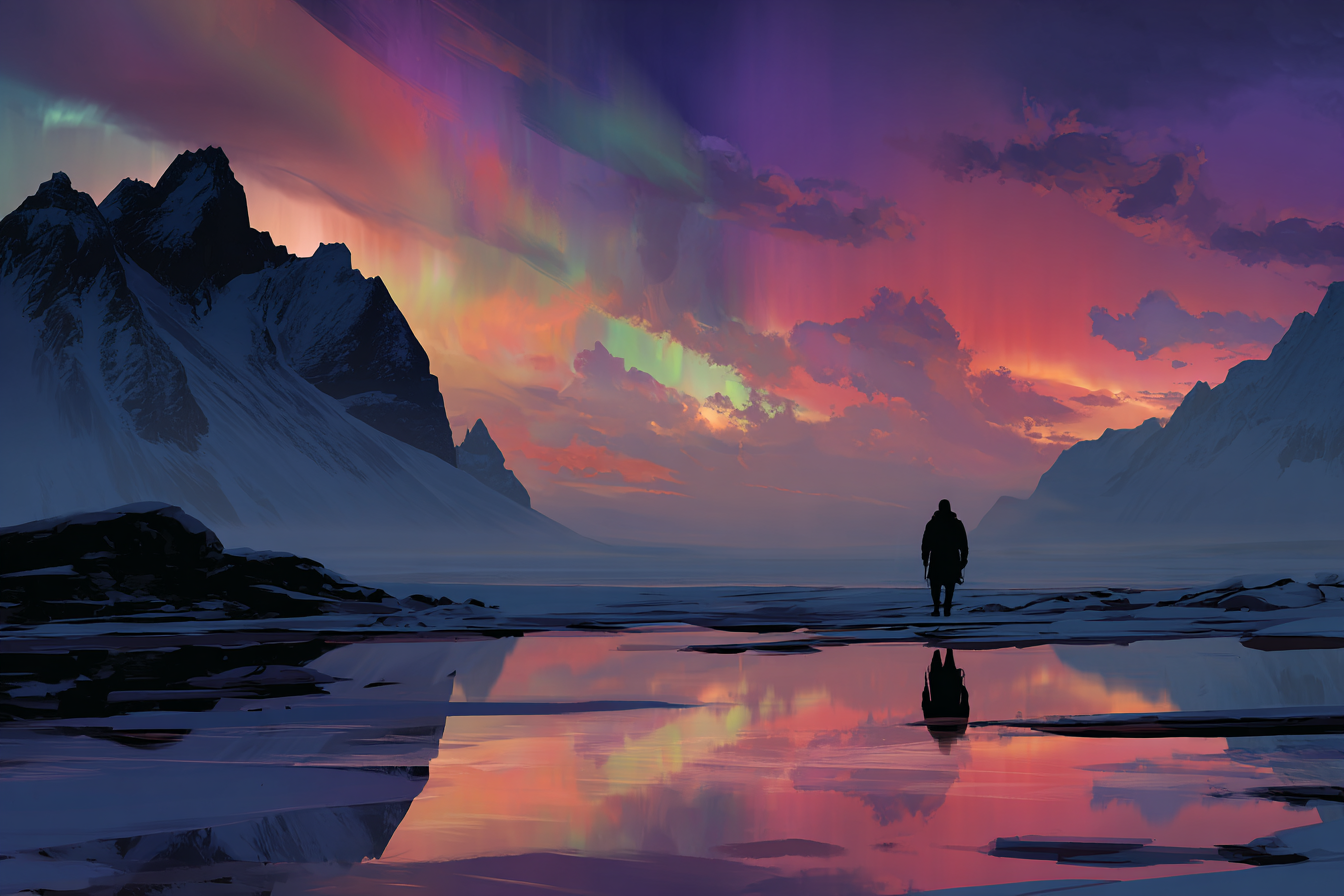Polarlicht Majestatische Berglandschaft Nordlichter Reflektierende Oberfläche | Fjorde und Gletscher | Landschaften