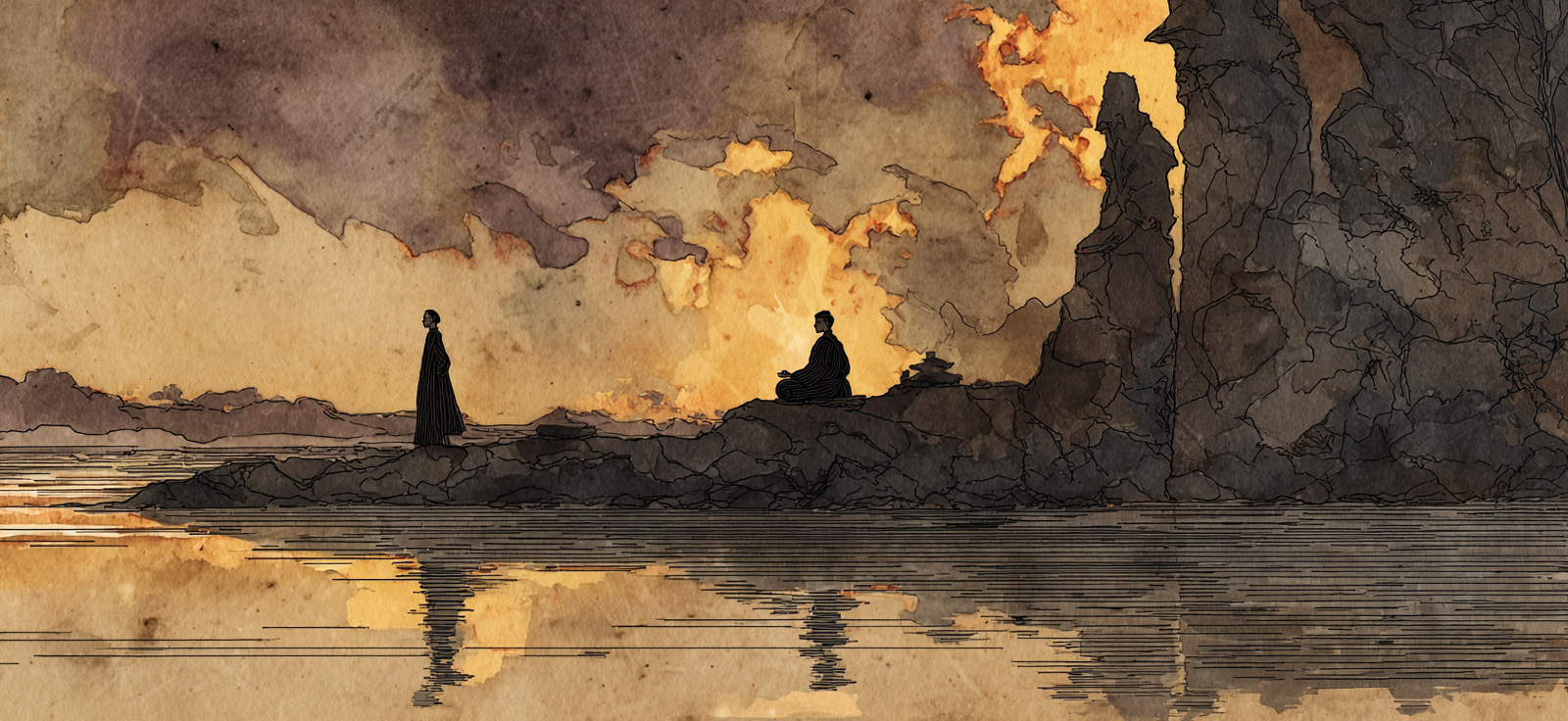 Yoga Meditation Ruhige Landschaft Meditation Wasser Sonnenuntergang Illustration | Yoga und Meditation | Themen und Hobbys