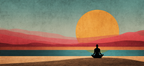 Yoga Meditation Meditierende Figur Vor Sonnenaufgang Über Wasser Mit Rotpink Hügeln Und Blaüm Küstenbereich | Yoga und Meditation | Themen und Hobbys