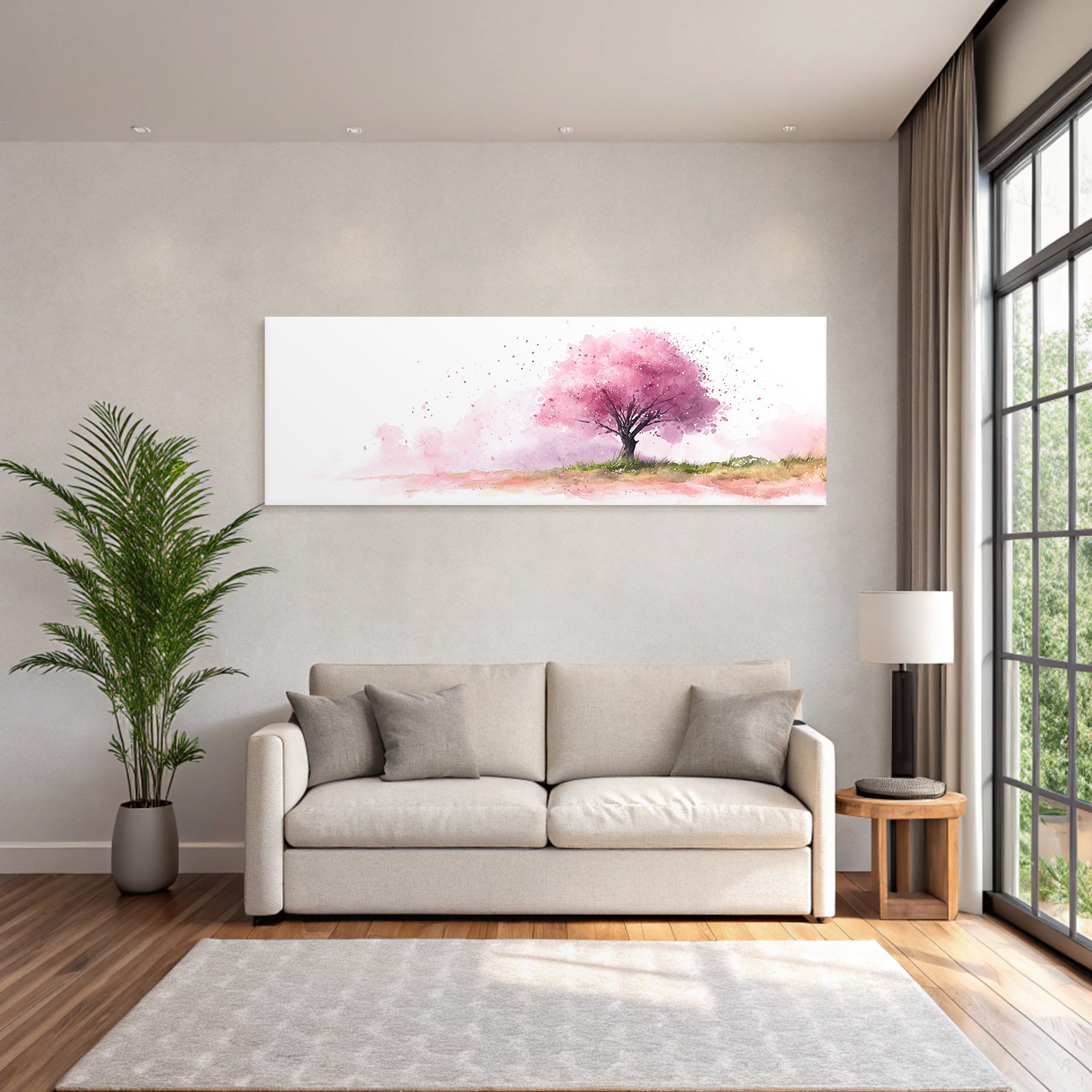Zartes Aquarell Eines Rosa Kirschbaums Mit Gras