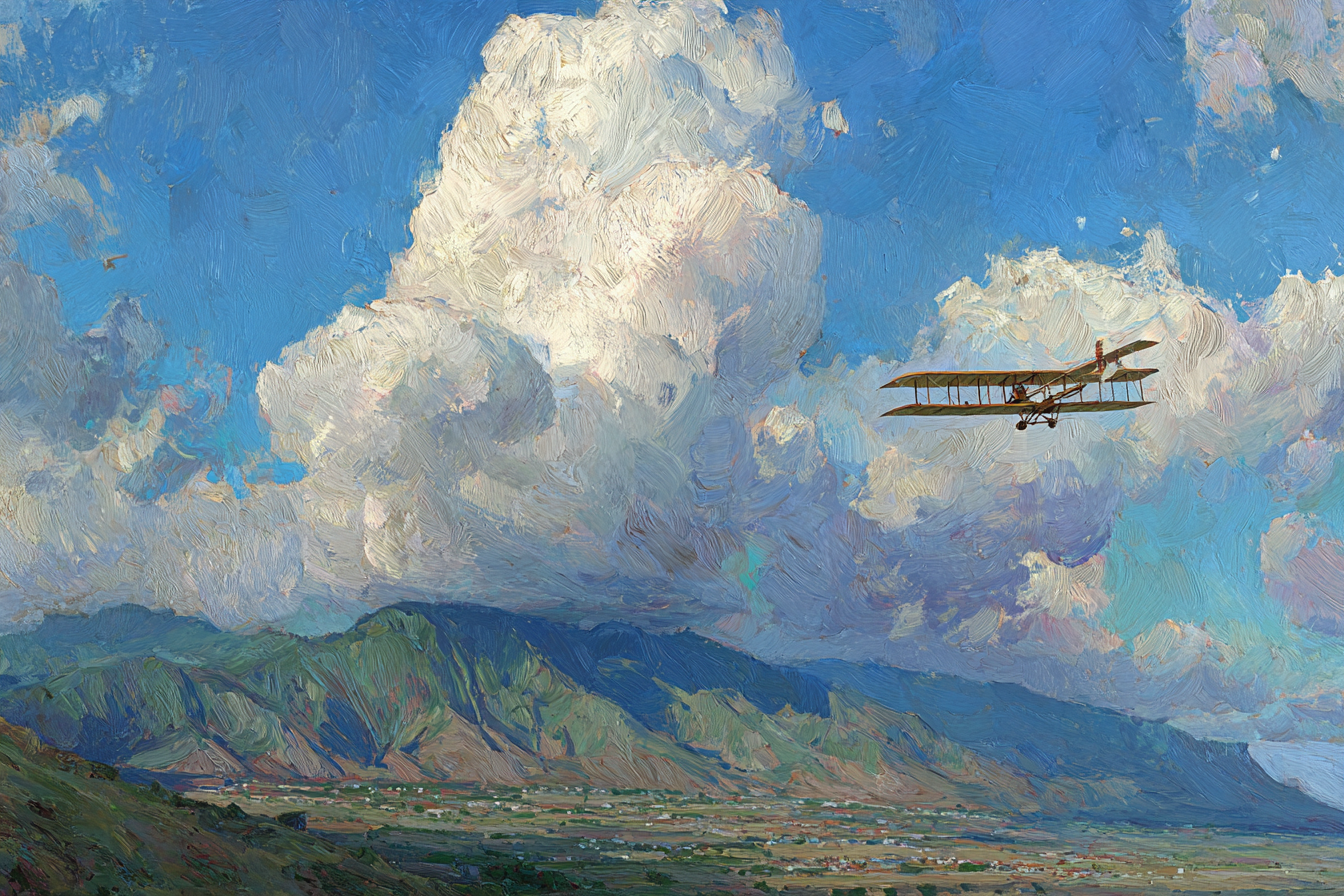 Vintage Biplan Flug Lebendige Himmel Mit Wolken Und Berge | Flugzeuge | Mobilitaet und Technik
