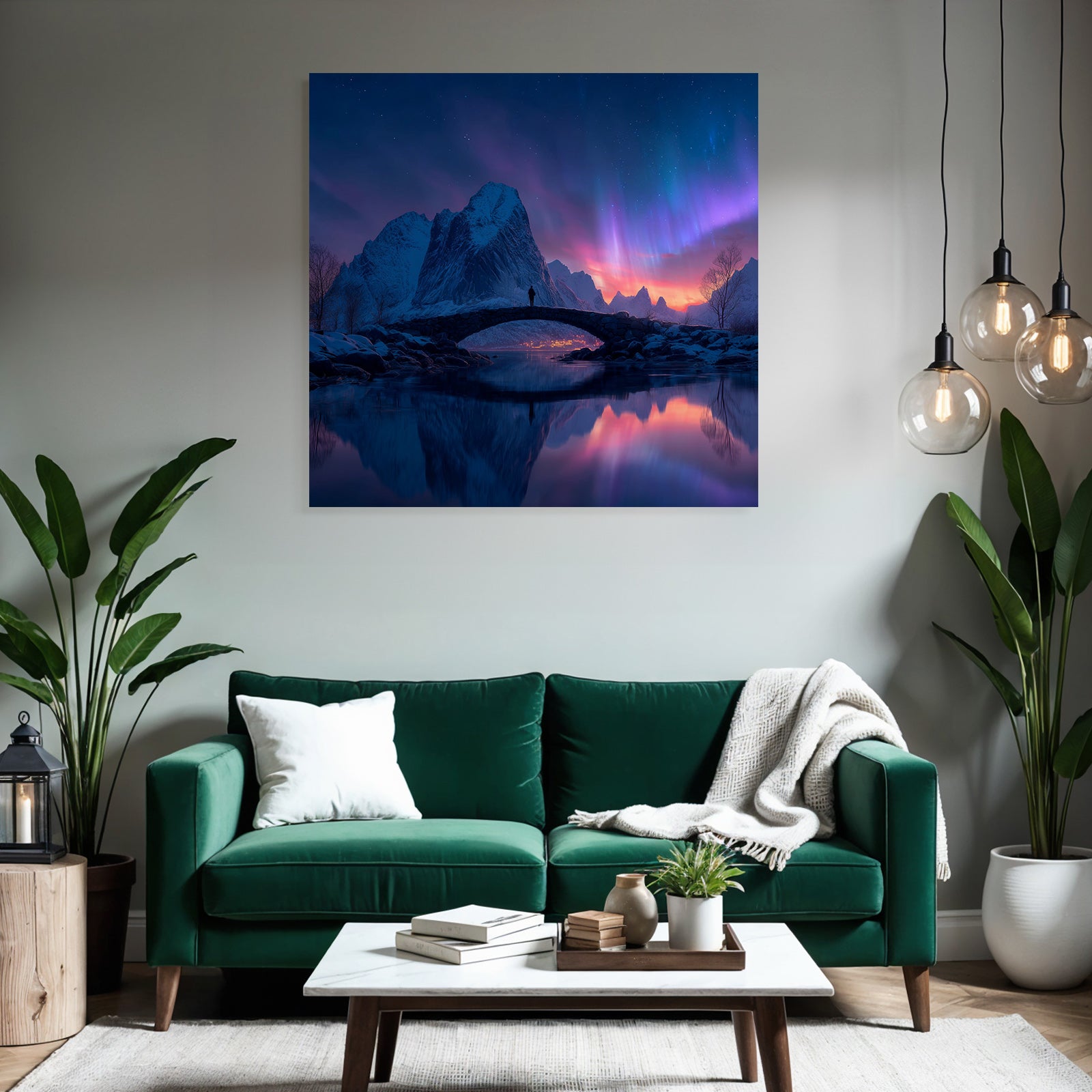 Polarlicht Steinbrücke Am See Und Aurora Borealis In Den Bergen | Fjorde und Gletscher | Landschaften