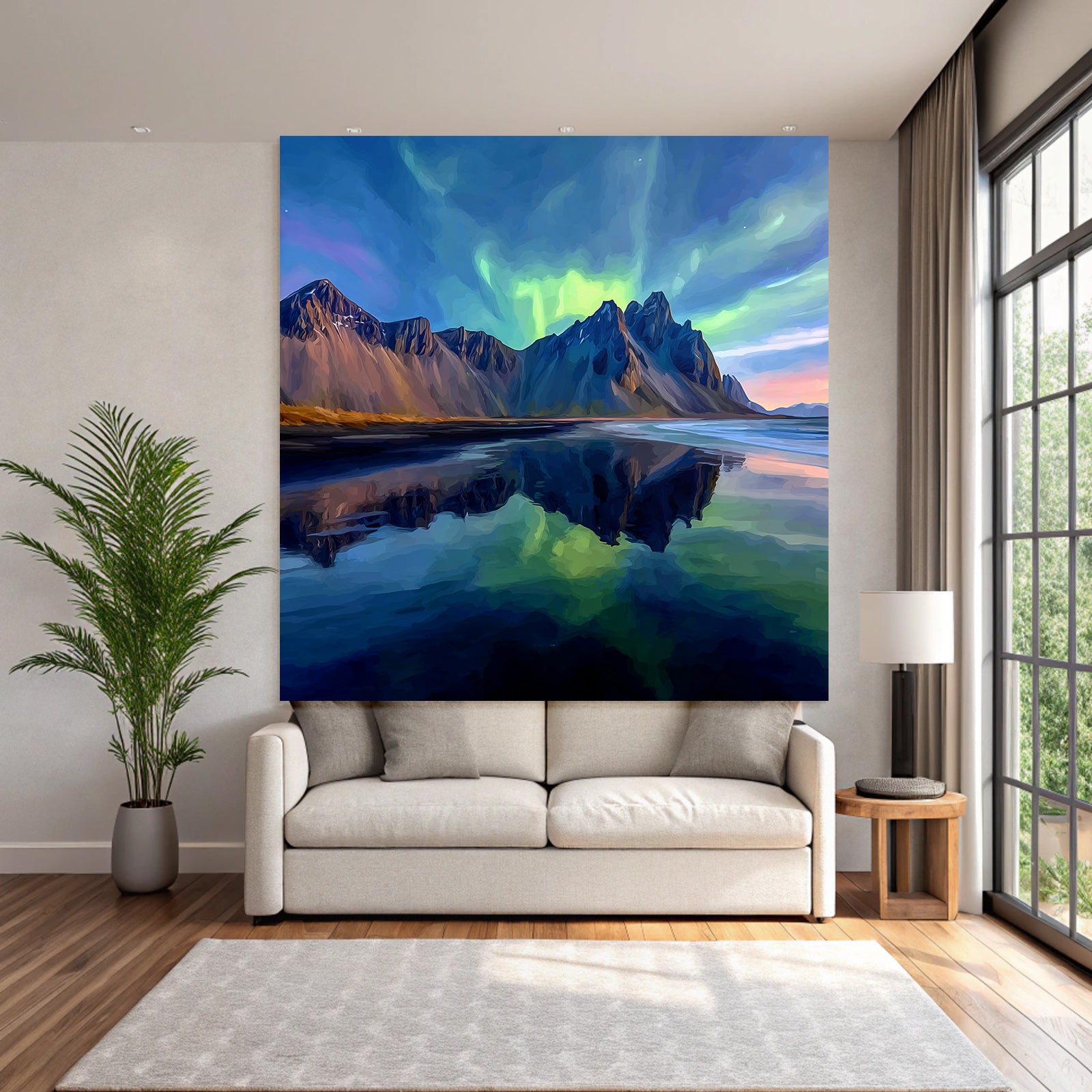 Polarlicht Szenische Landlandschaft Mit Bergen Und Nordlichtern Reflexion Im Wasser | Fjorde und Gletscher | Landschaften