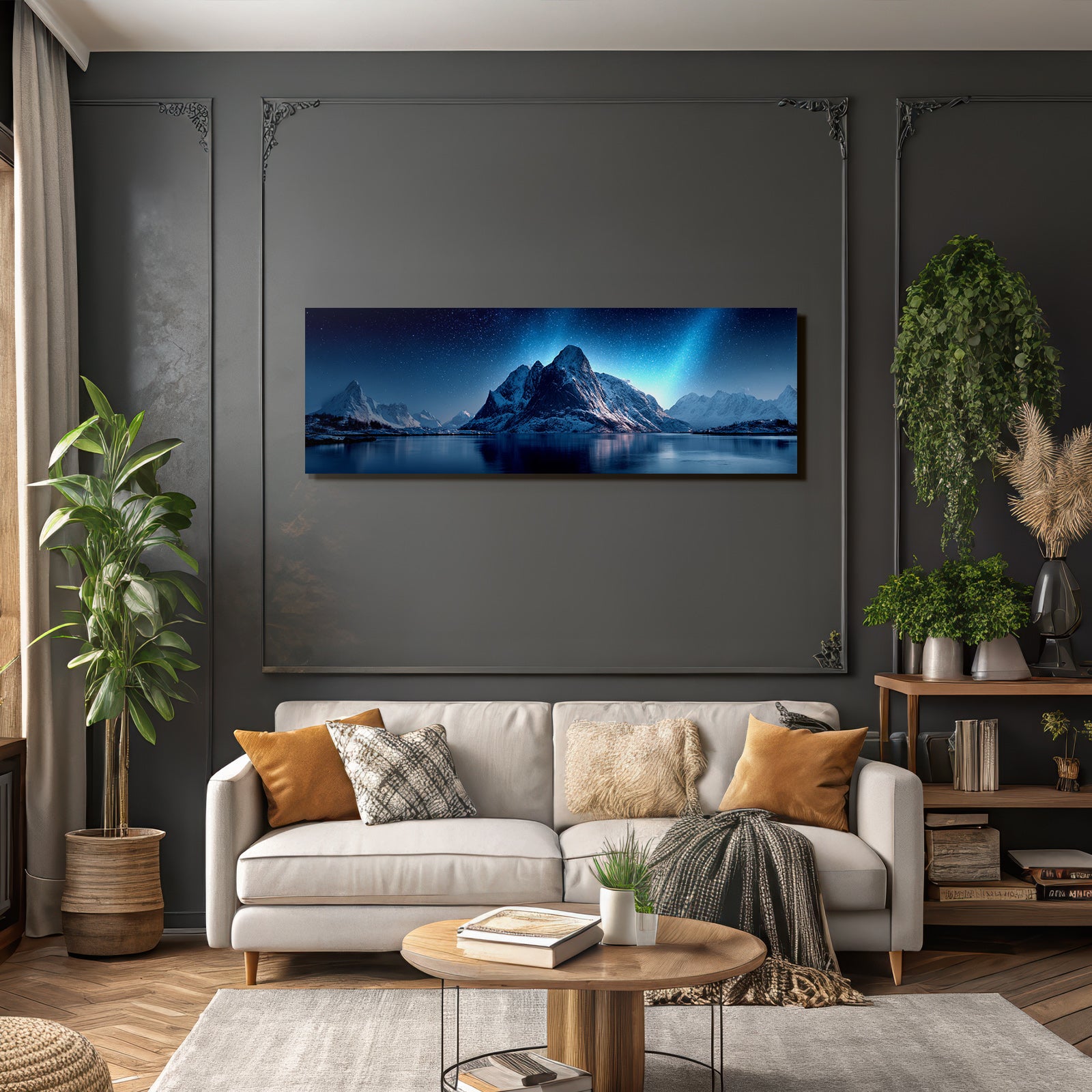 Polarlicht Beruhigende Berglanschaft Unter Sternenhimmel Mit Reflektierender Wasseroberfläche | Fjorde und Gletscher | Landschaften