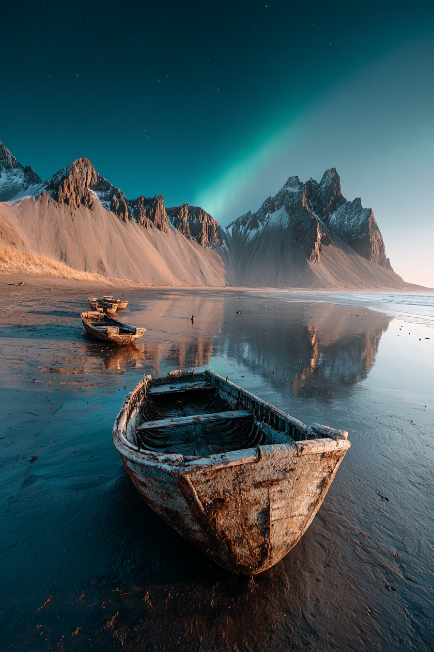 Polarlicht Tranquille Küstenlandschaft Mit Boote Und Aurora Borealis | Fjorde und Gletscher | Landschaften