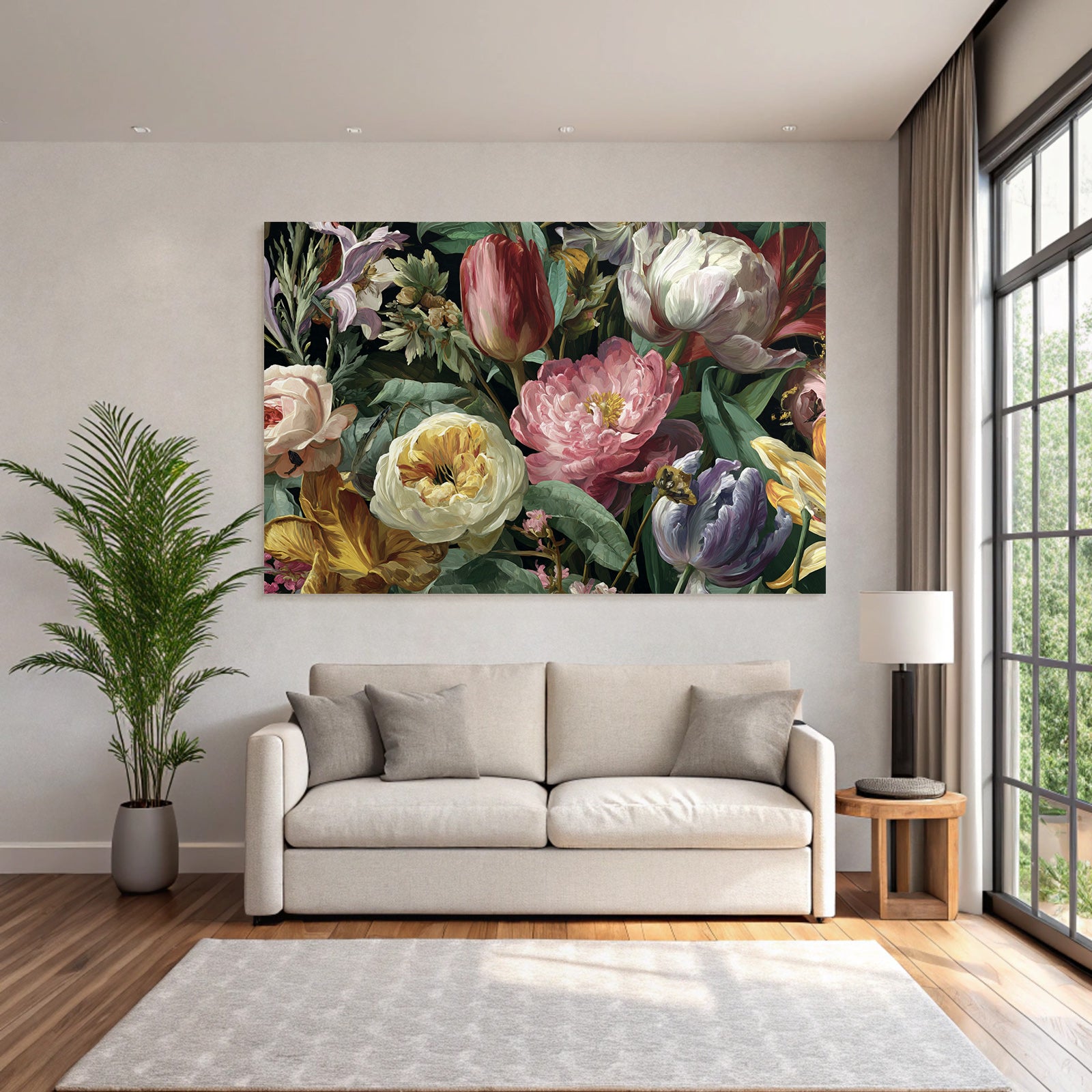 Üppiger Bunter Strauss Mit Rosen Tulpen Pfingstrosen Und Blattwerk Vor Dunklem Hintergrund