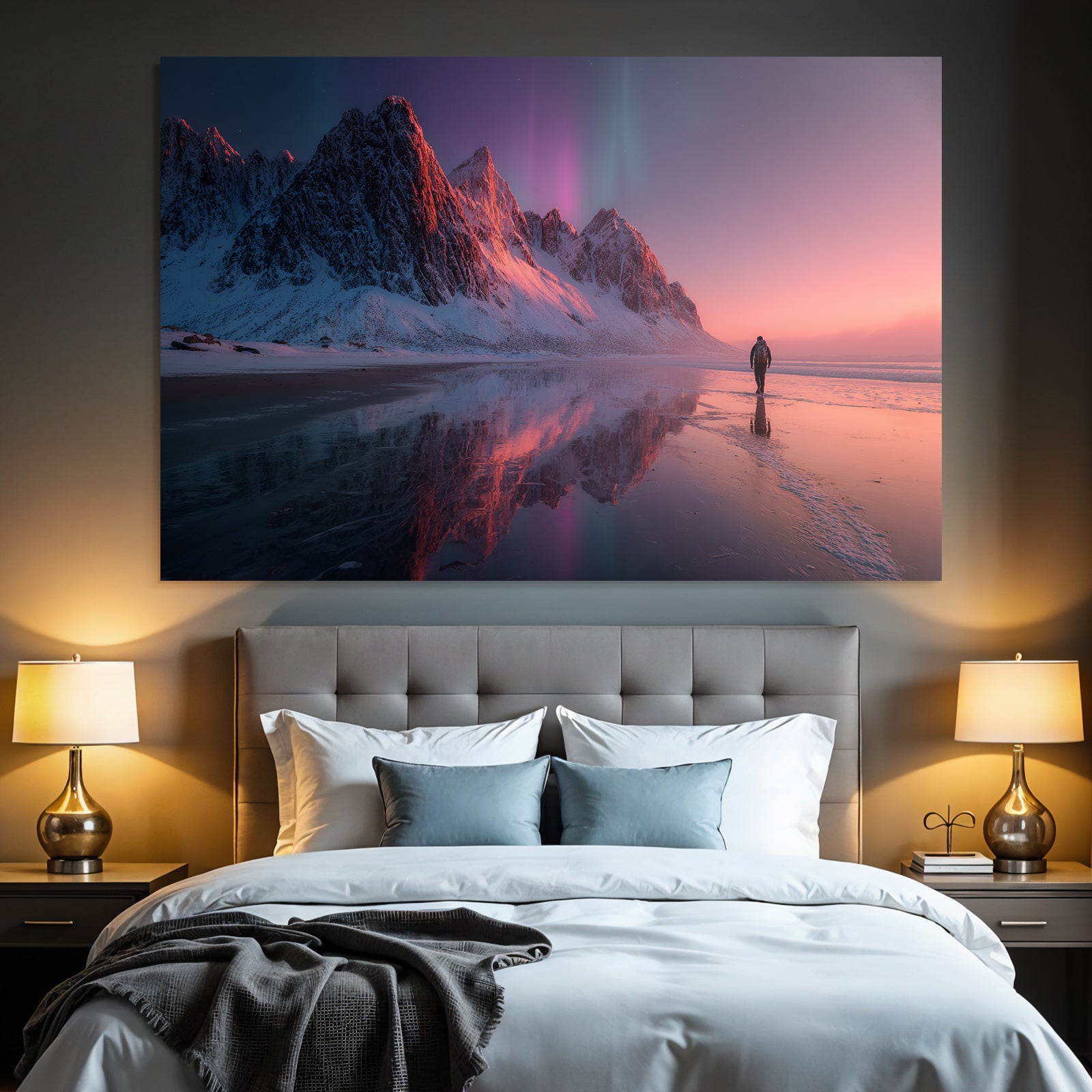 Polarlicht Schneebedeckte Berge Aurora Borealis Reflektierender Strand Pittoreske Szene | Fjorde und Gletscher | Landschaften