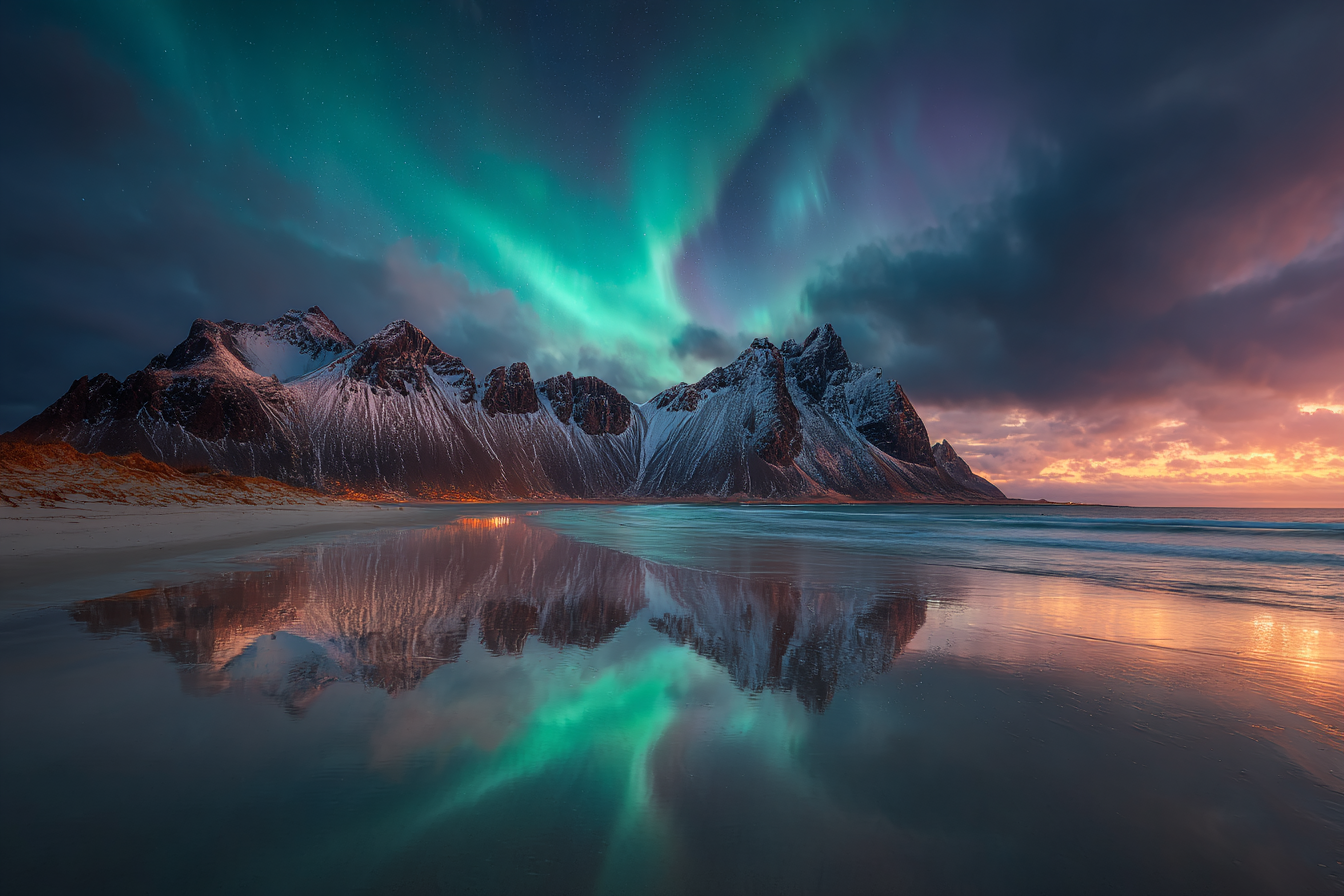 Polarlicht Dramatische Bergoffnung Mit Nordlichtern Und Reflektionen | Fjorde und Gletscher | Landschaften
