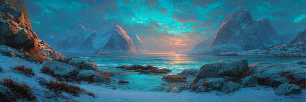 Polarlicht Gebirgslandschaft Mit Wasser Und Farbigem Himmel Sonnenaufgang Sonnenuntergang | Fjorde und Gletscher | Landschaften