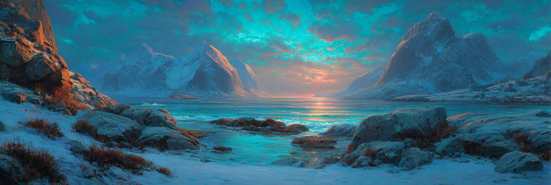 Polarlicht Gebirgslandschaft Mit Wasser Und Farbigem Himmel Sonnenaufgang Sonnenuntergang | Fjorde und Gletscher | Landschaften