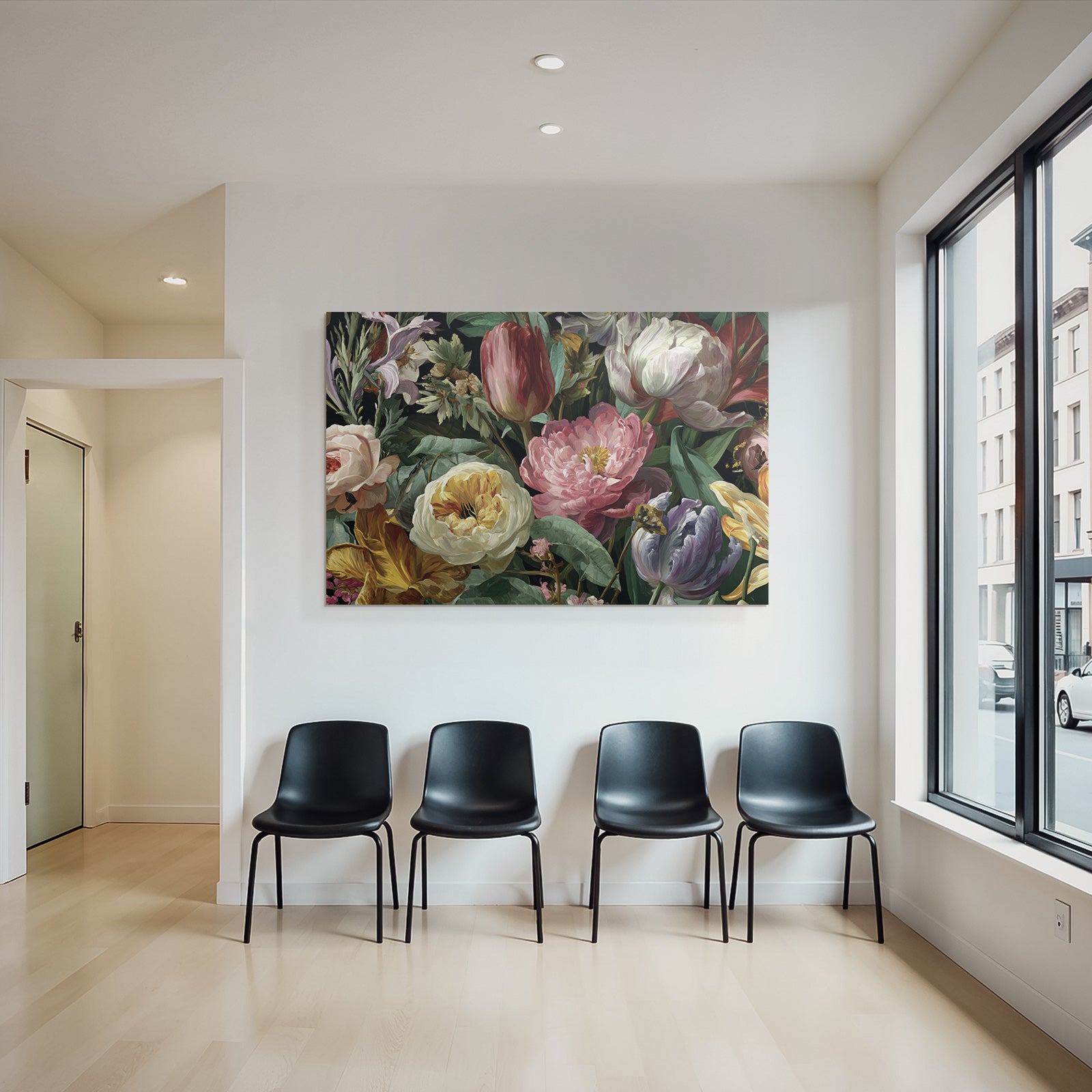 Üppiger Bunter Strauss Mit Rosen Tulpen Pfingstrosen Und Blattwerk Vor Dunklem Hintergrund