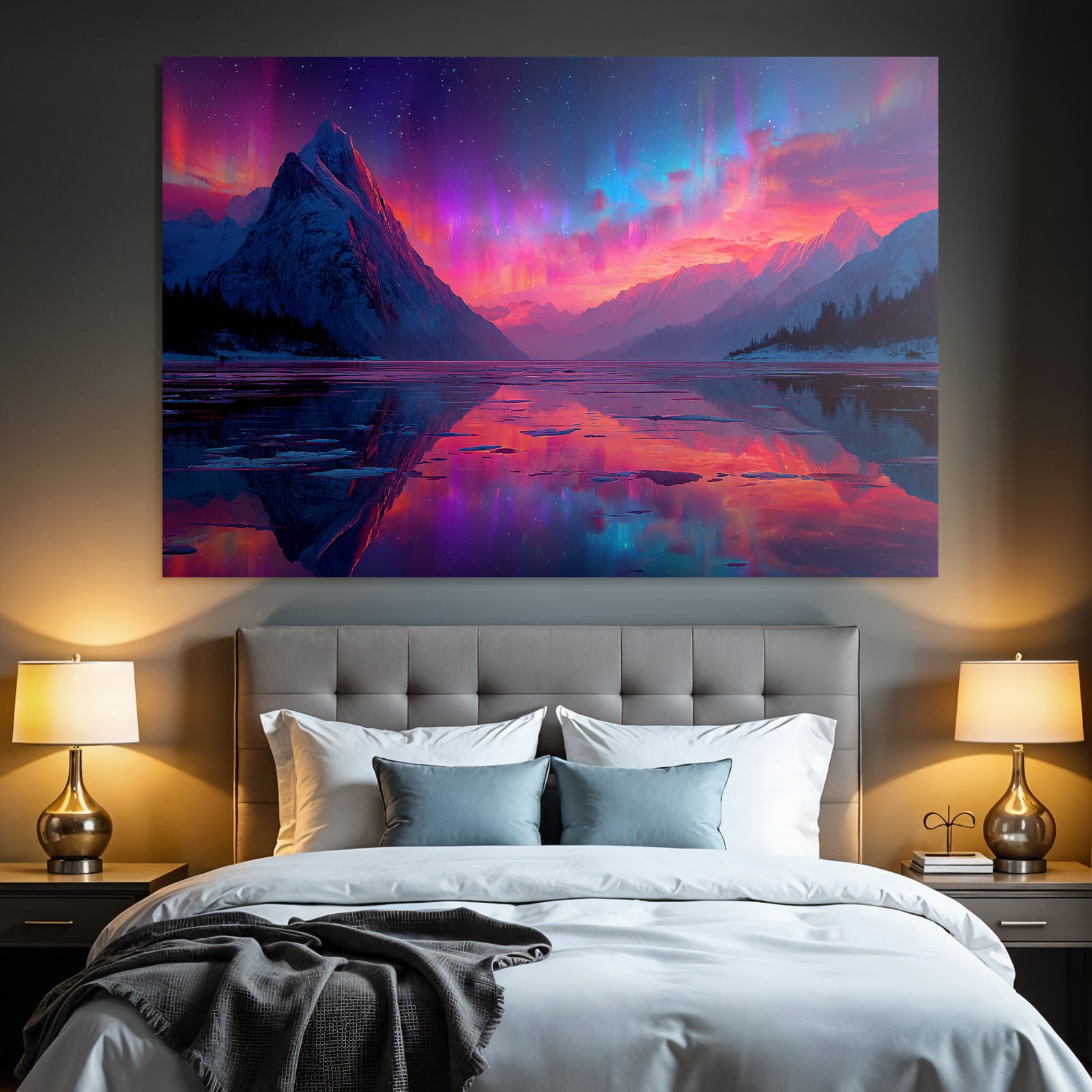 Polarlicht Schneebedeckte Berge Und Auroren Reflektiertes Wasser Twilight Szenen | Fjorde und Gletscher | Landschaften