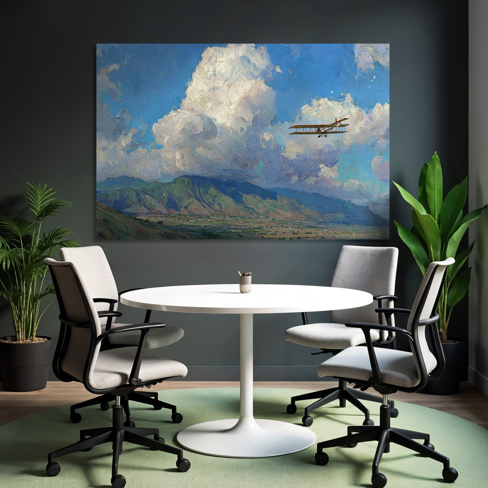Vintage Biplan Flug Lebendige Himmel Mit Wolken Und Berge | Flugzeuge | Mobilitaet und Technik