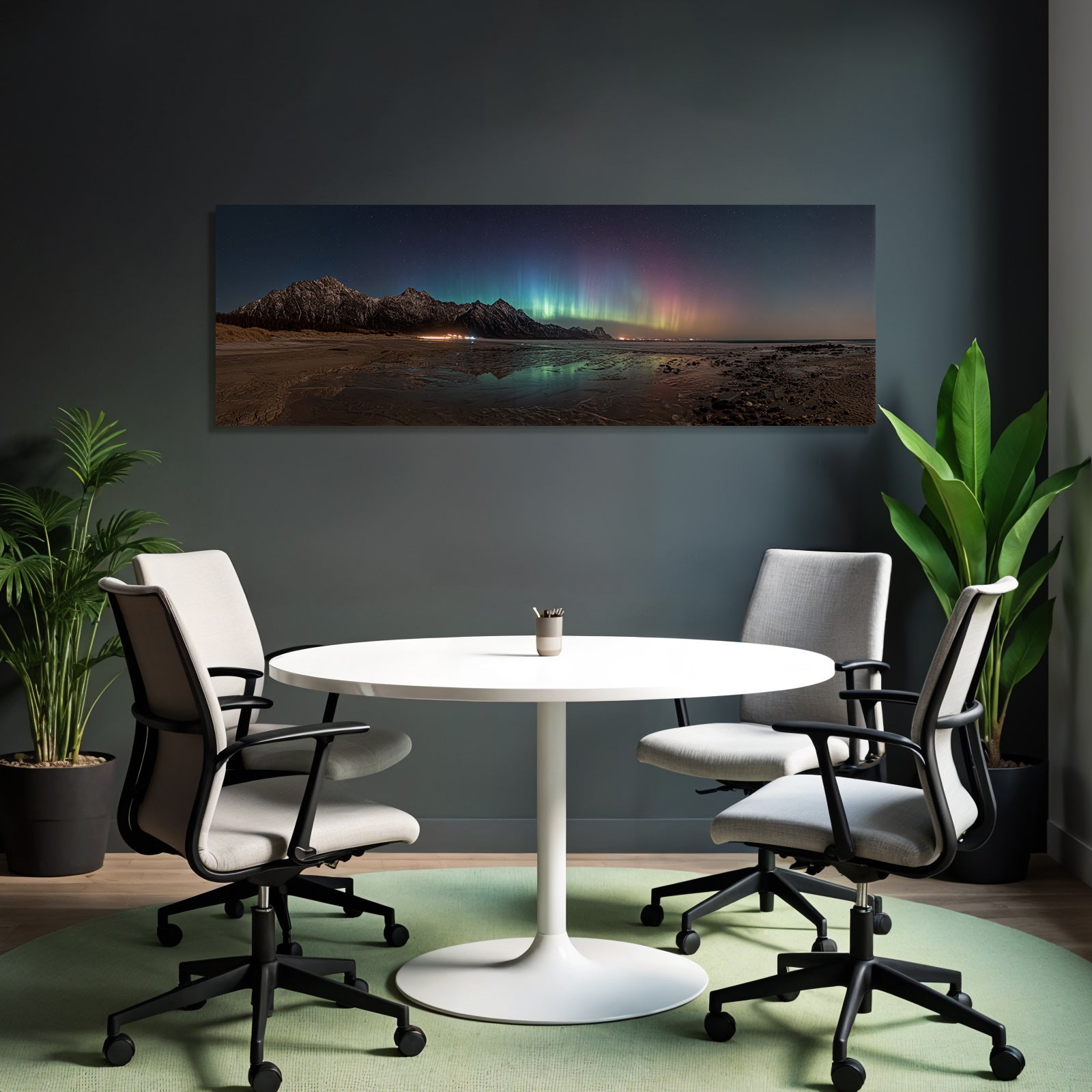 Polarlicht Panoramablick Berge Strand Nacht Himmelsaura Borealis | Fjorde und Gletscher | Landschaften