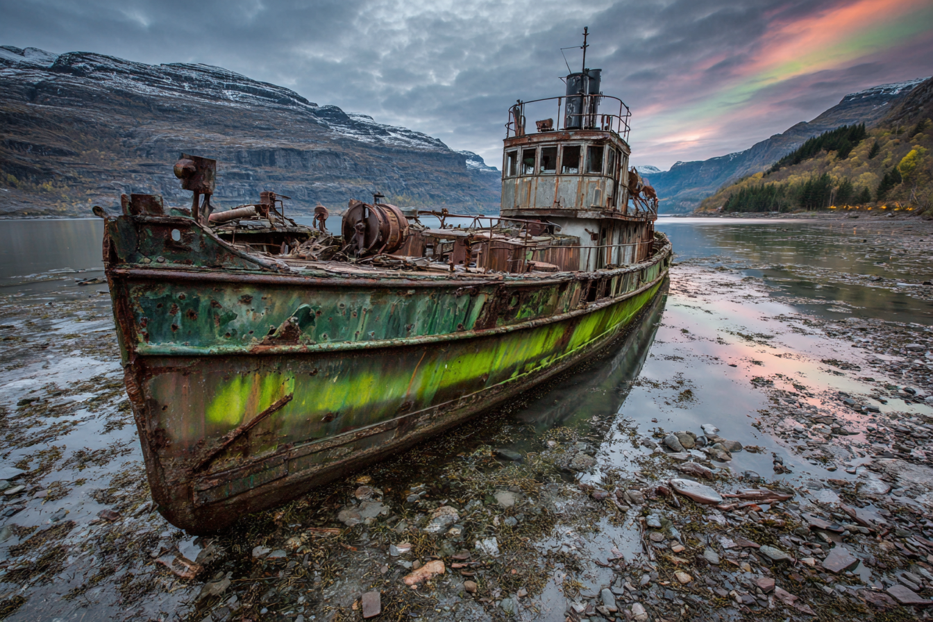 Polarlicht Verlassene Tugboot Am Strand Klare Natur Szenerie Mit Bergen | Fjorde und Gletscher | Landschaften