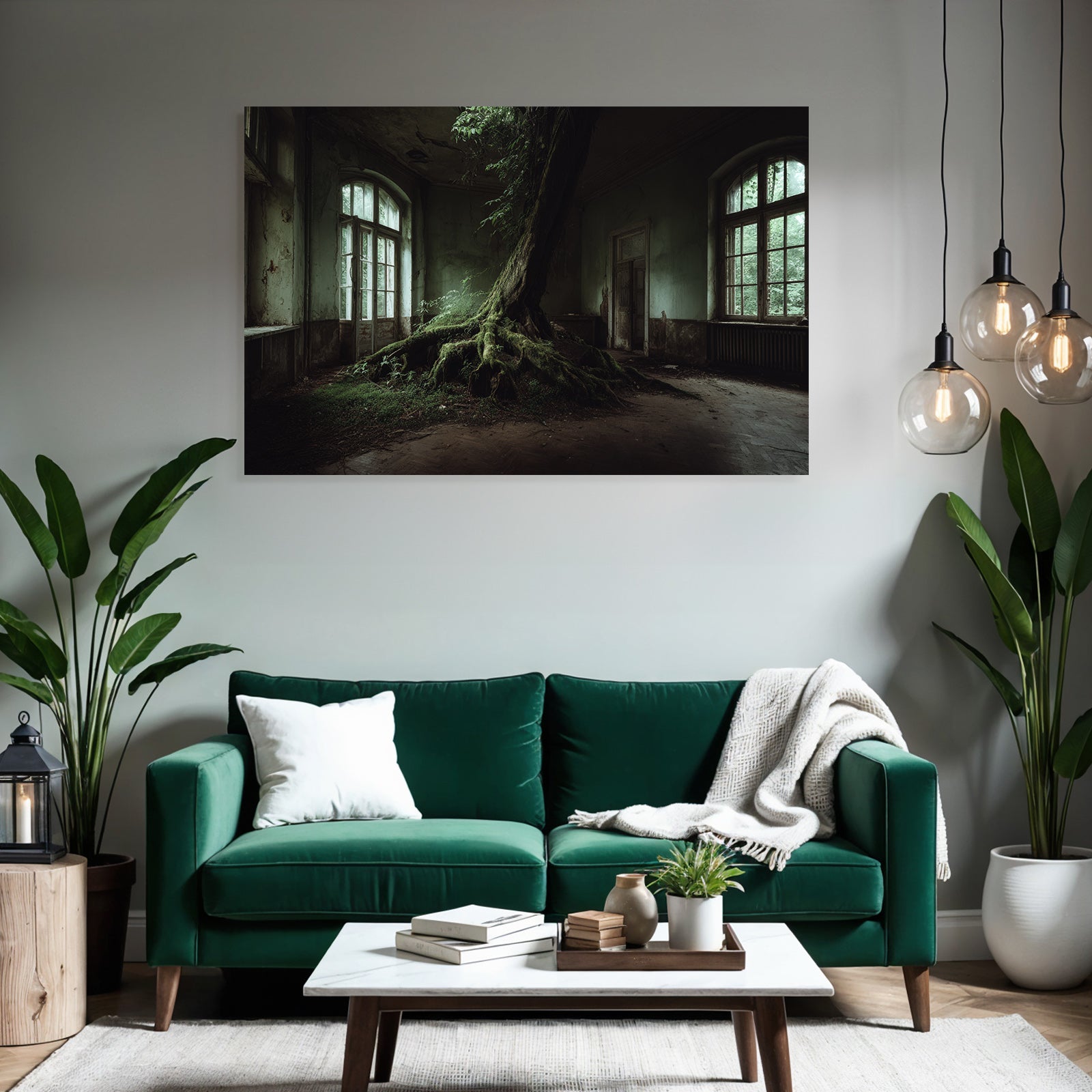 Abandoned Room With Tree Reclaiming Space Wettered Walls And Large Windows | Lost Places | Architektur