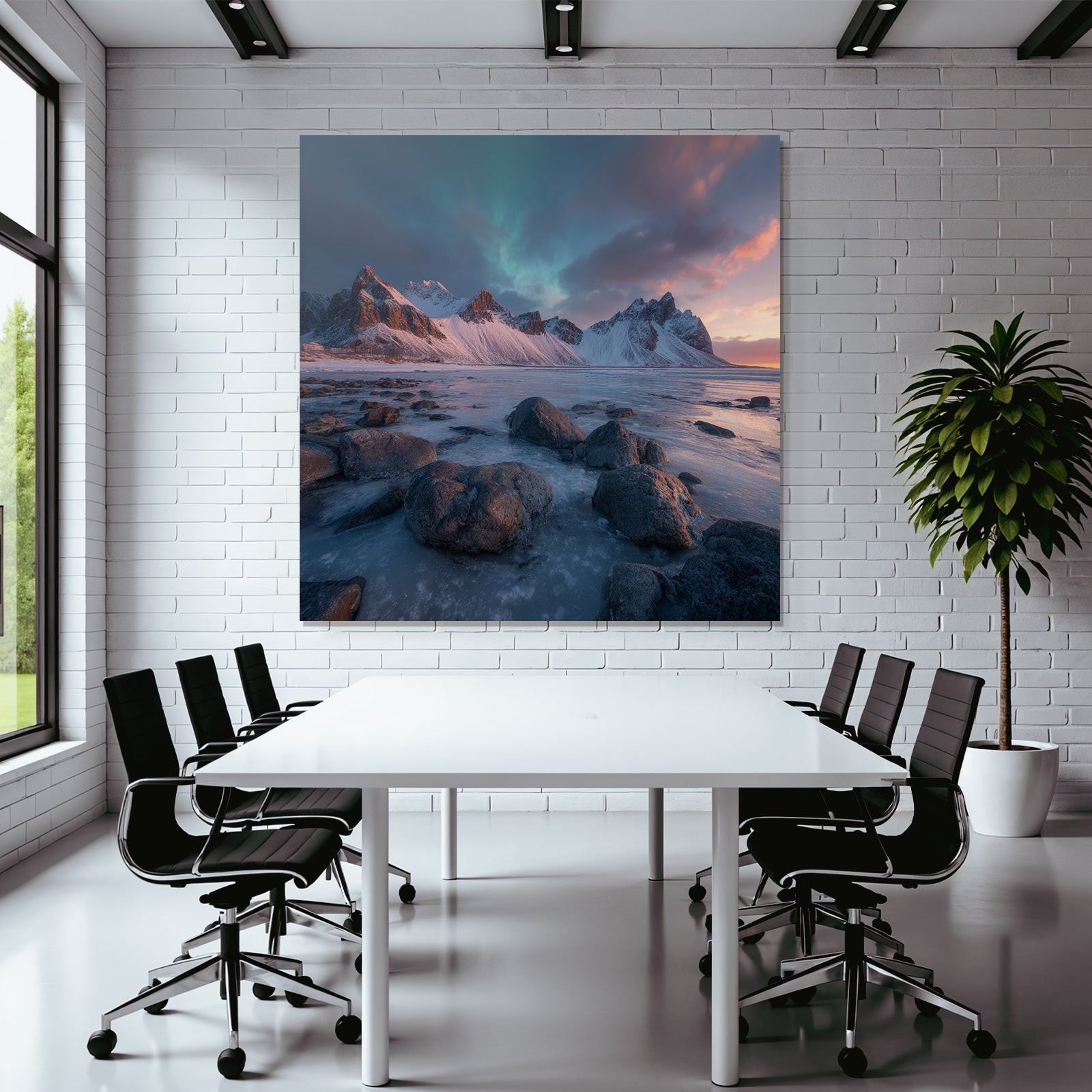 Polarlicht Winterlandschaft Mit Bergen Und Nordlichtern Mit Farbenfrohem Himmel | Fjorde und Gletscher | Landschaften