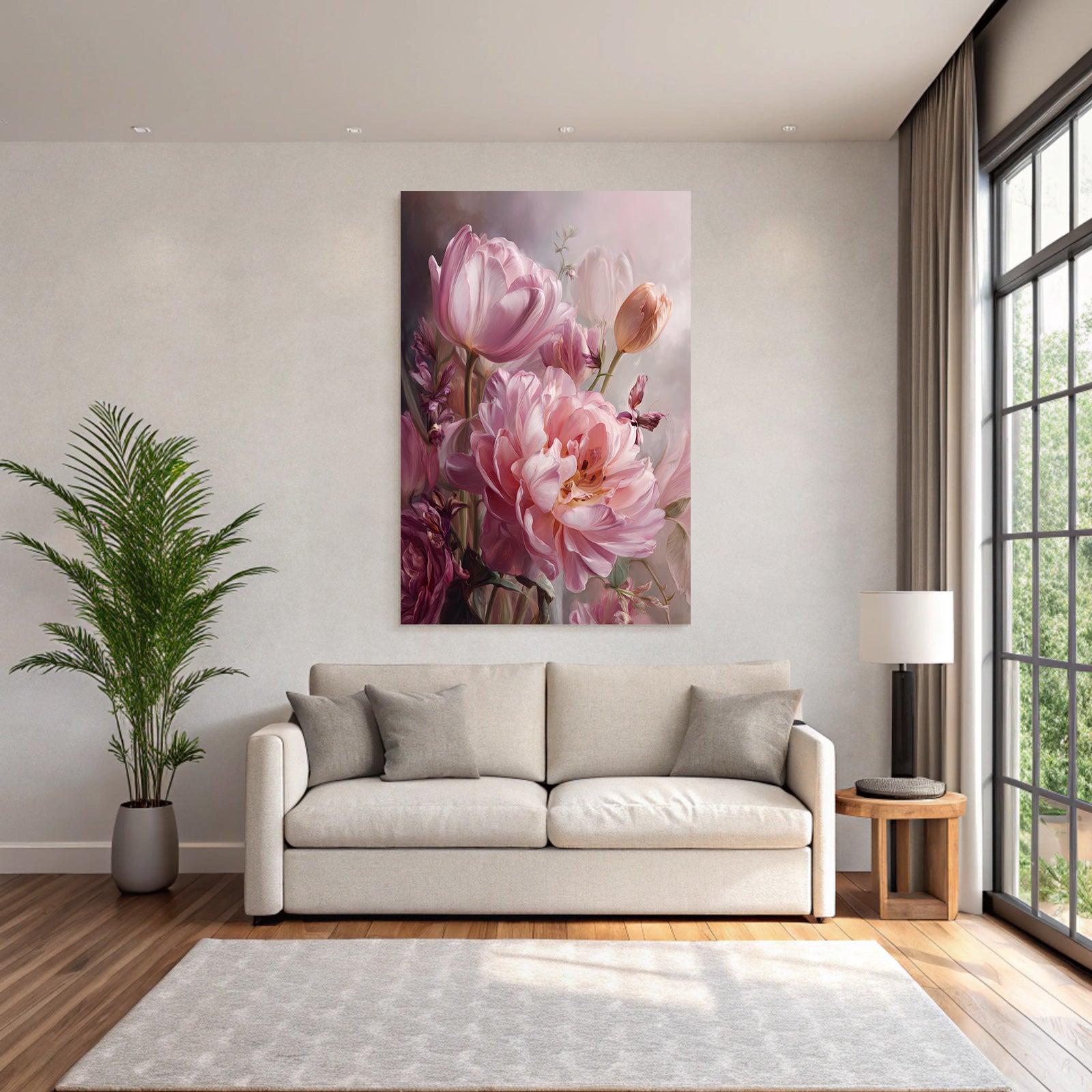 Schöne Anordnung Rosa Und Lila Tulpen Und Pfingstrosen