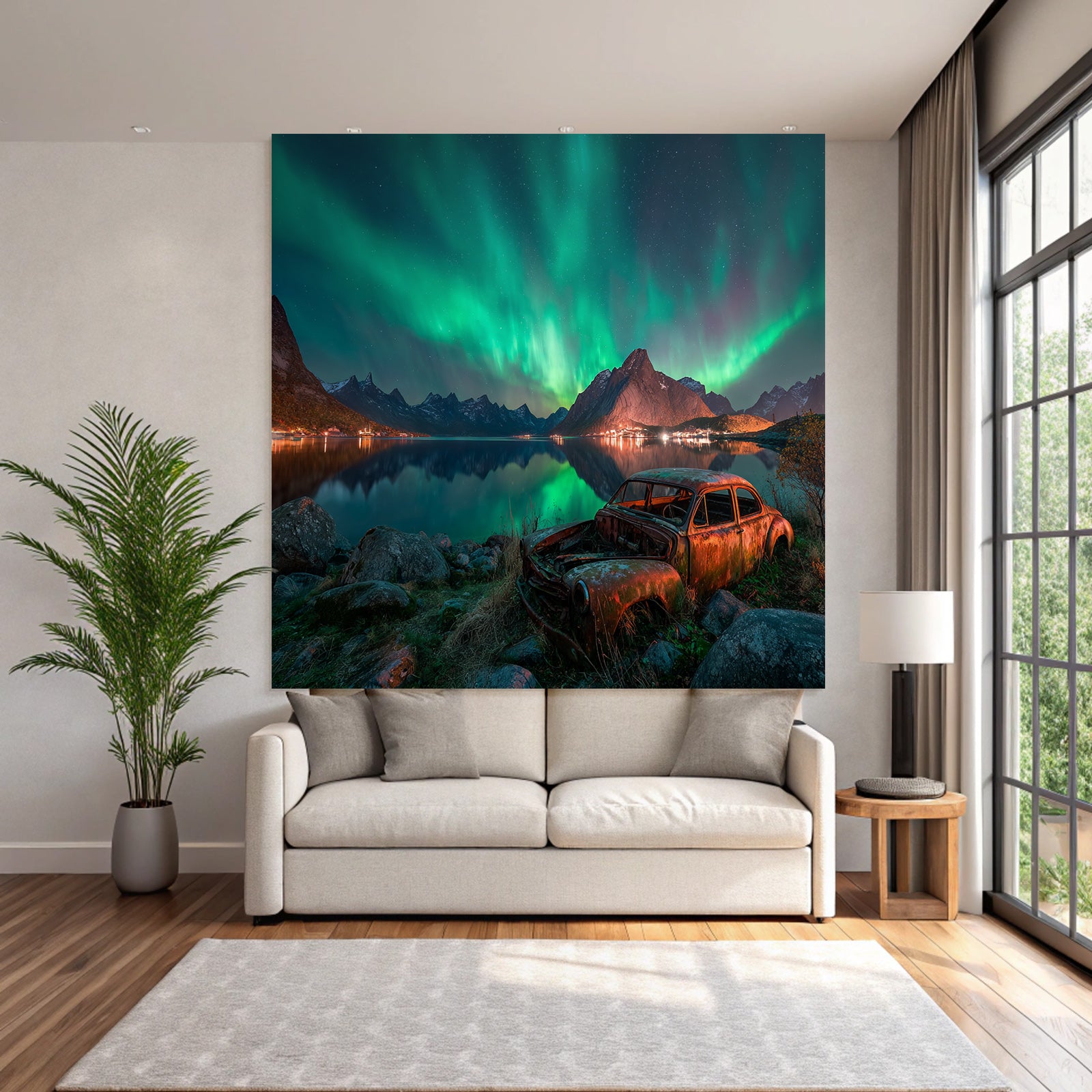 Polarlicht Nordlichter Und Rustiges Auto Am See Mit Bergen Im Hintergrund | Fjorde und Gletscher | Landschaften