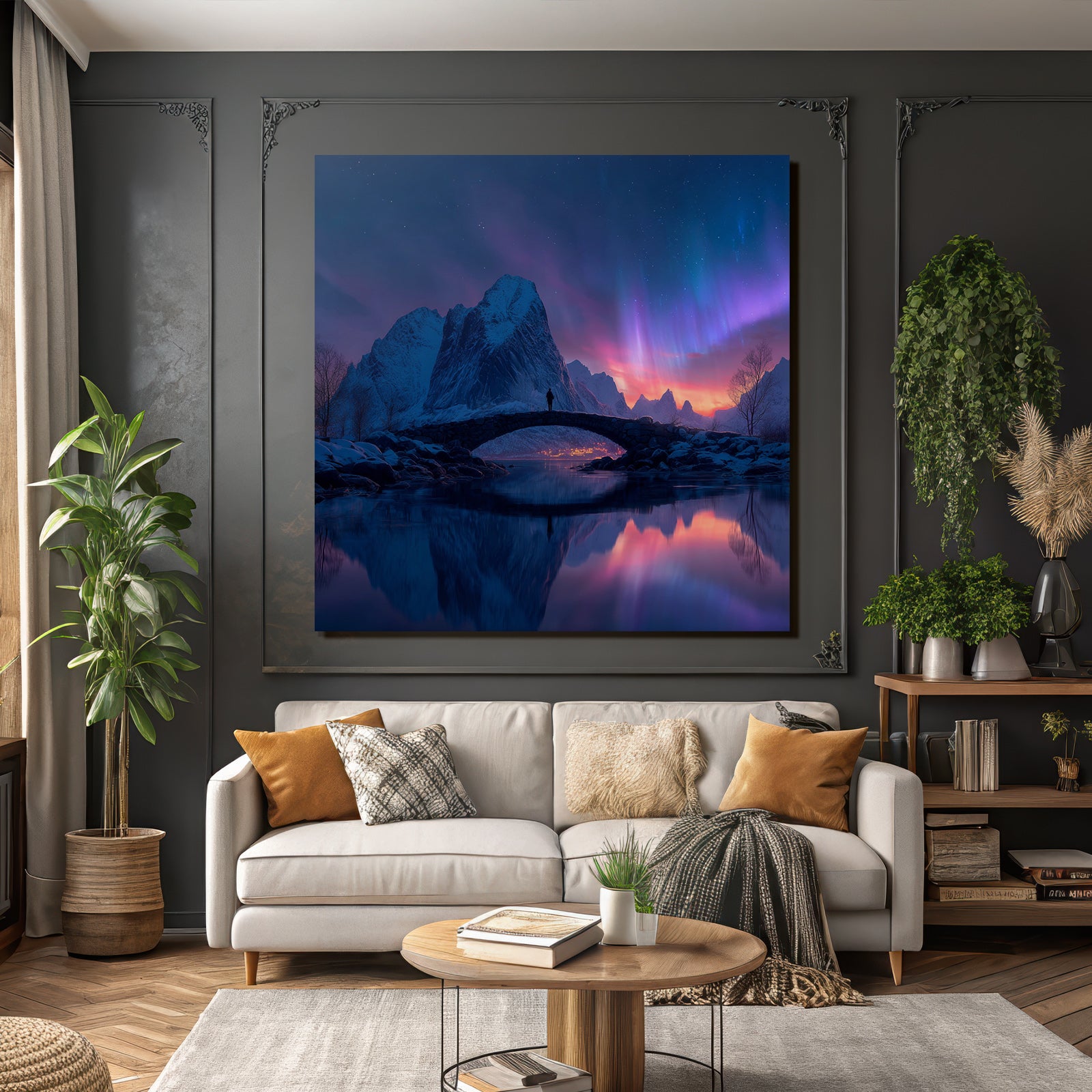 Polarlicht Steinbrücke Am See Und Aurora Borealis In Den Bergen | Fjorde und Gletscher | Landschaften