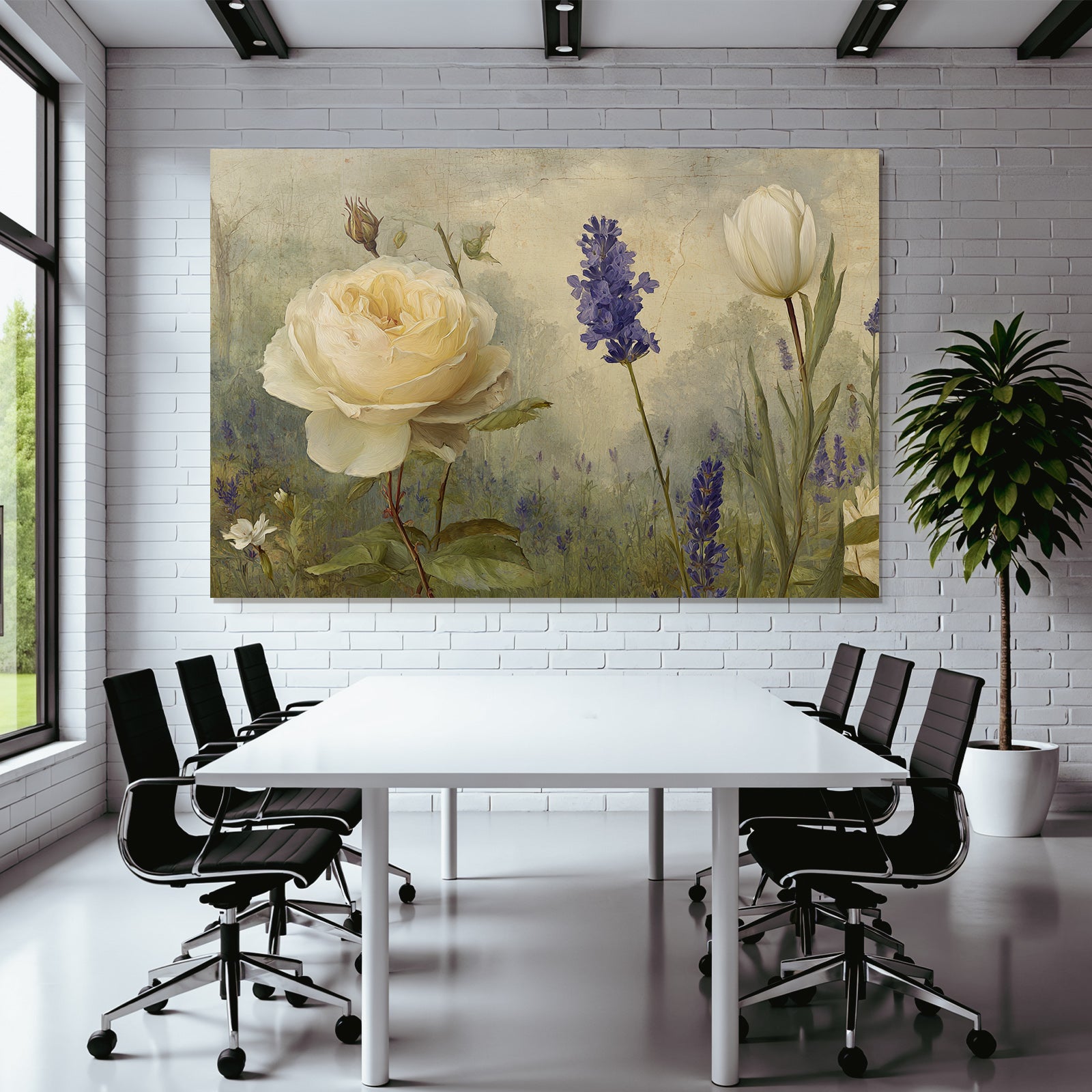 Stilisierte Gemälde Mit Cremefarbener Rose Weisser Tulpe Und Lila Blüten
