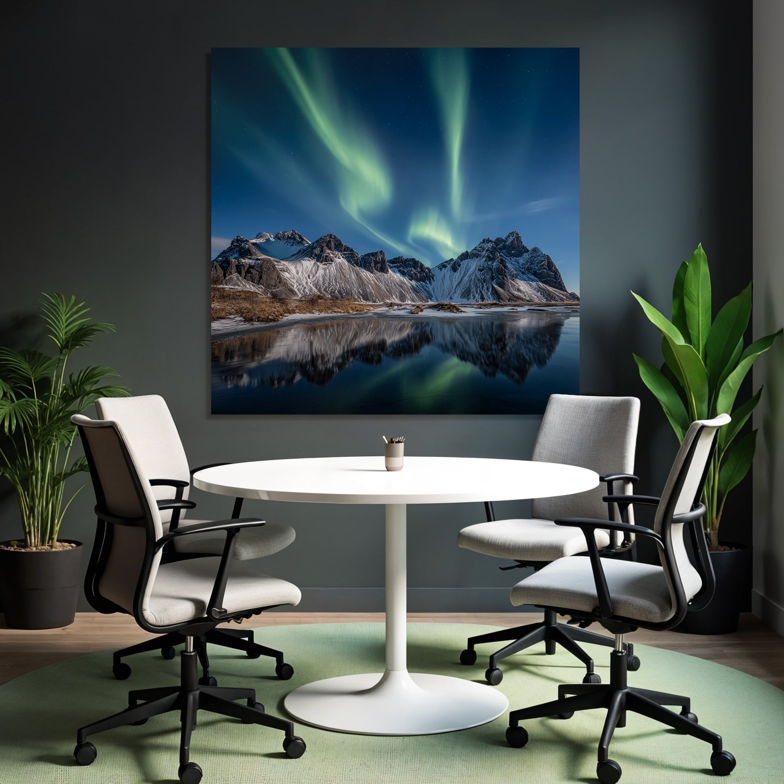 Polarlicht Schneebedeckte Berge Und Nordlichter Auf Dem Wasser | Fjorde und Gletscher | Landschaften