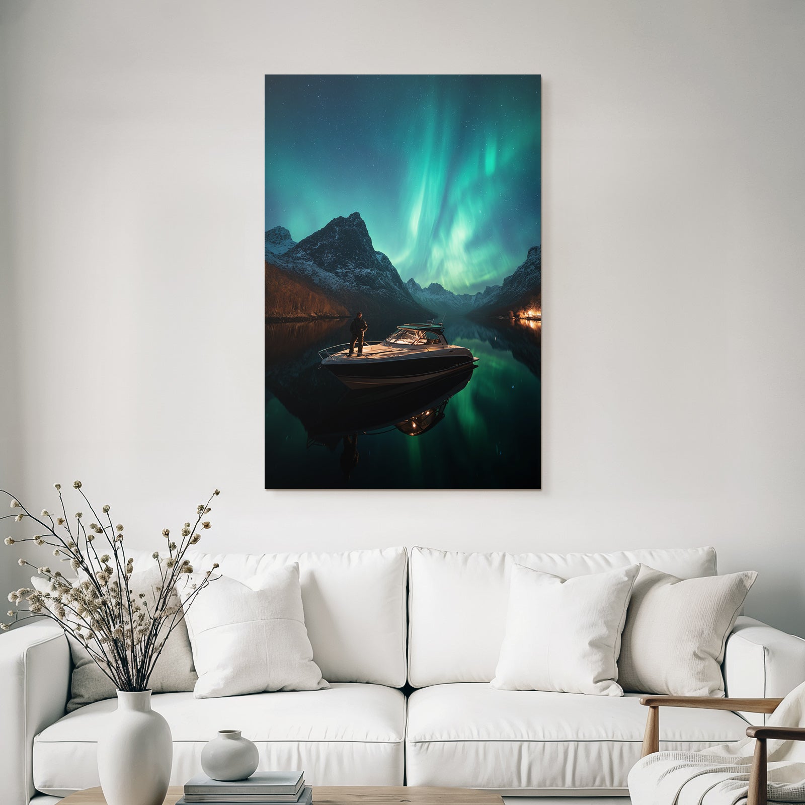 Polarlicht Nachtlandschaft Boote Aurora Sterne Reflexion | Fjorde und Gletscher | Landschaften