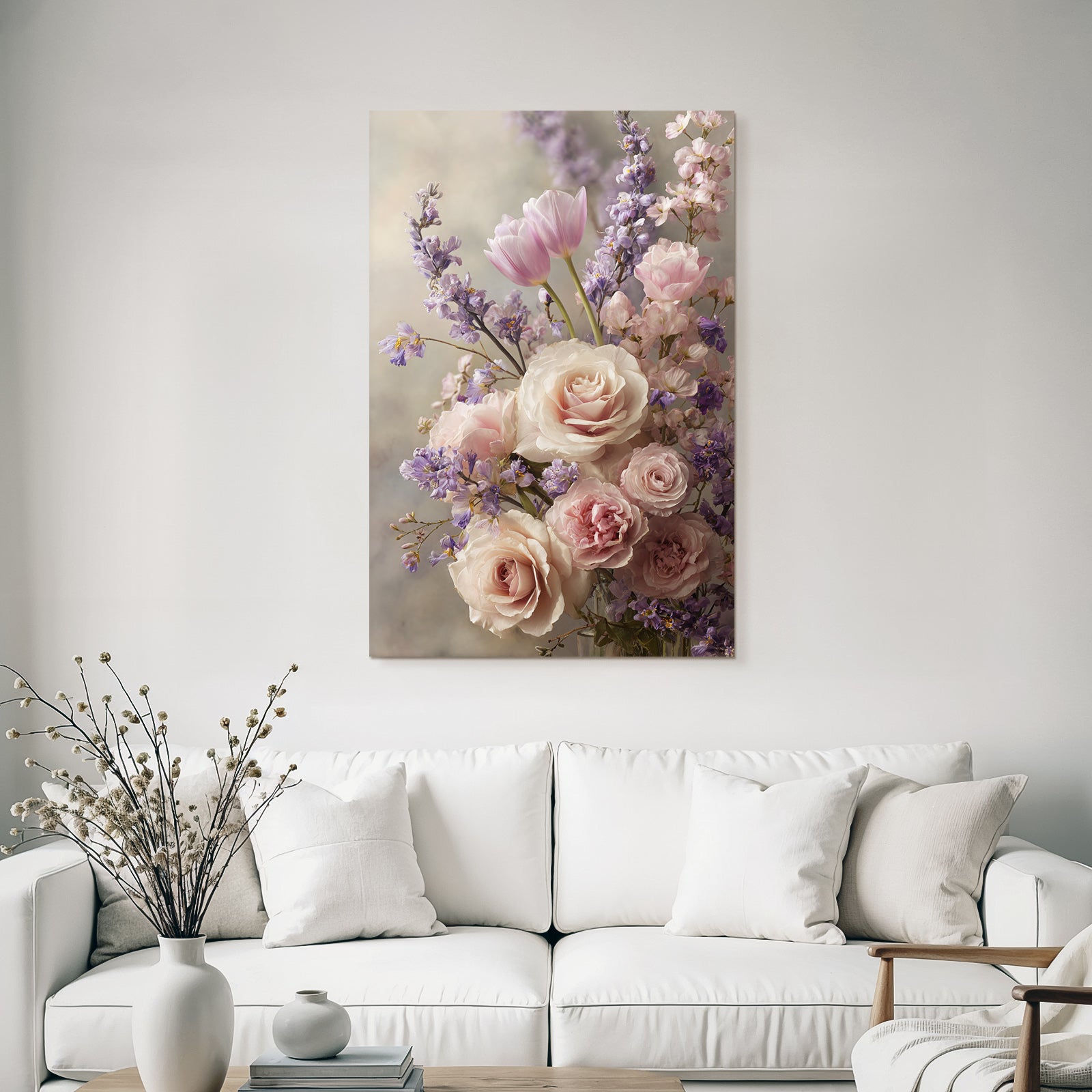 Pastell Stillleben Mit Rosen Und Tulpen Im Unschärfenhintergrund