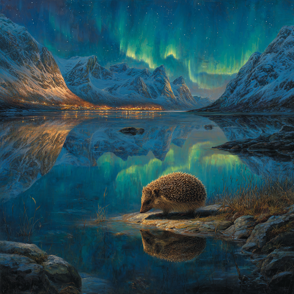 Polarlicht Hedgehog Landschaft Nordlichter Schneebedeckte Berge Wasser Reflexionen | Fjorde und Gletscher | Landschaften