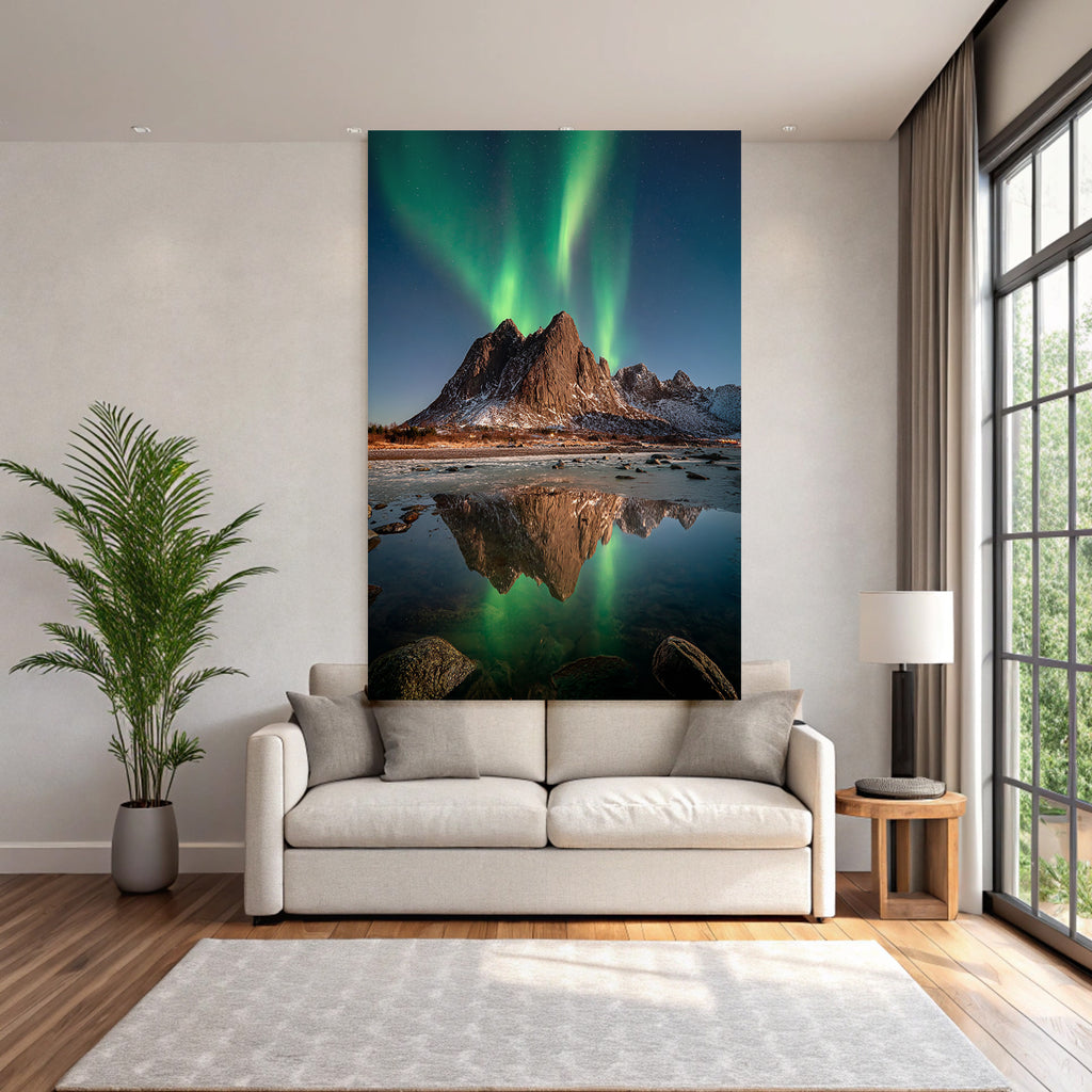 Polarlicht Naturlandschaft Mit Aurora Borealis Und Gebirgen | Fjorde und Gletscher | Landschaften