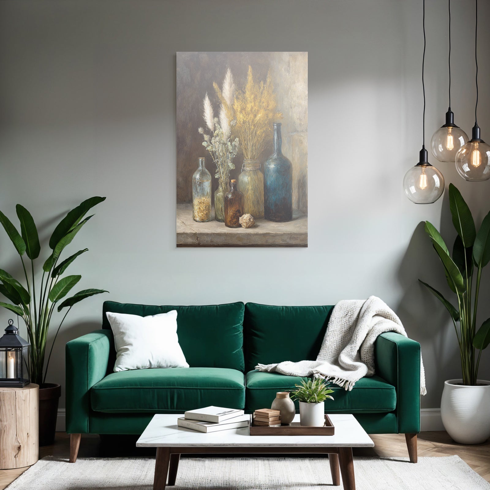 Trocken Retro Flowers Still Life Arrangement Mit Glass Flaschen Und Pflanzen