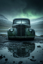 Polarlicht Alte Verlassene Autos In Verlassenem Landscape Mit Bergen Und Reflektierendem Pfütze | Fjorde und Gletscher | Landschaften