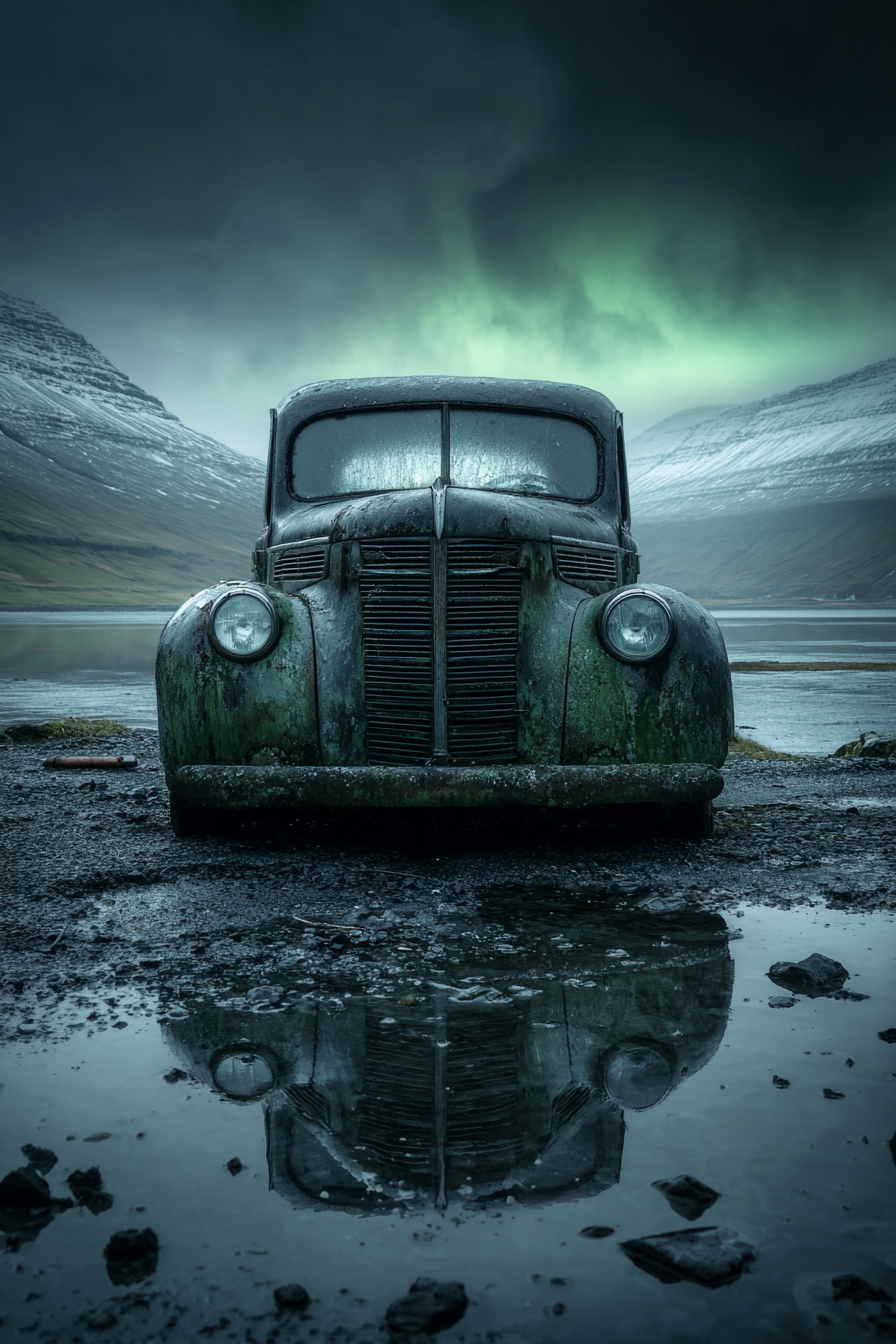 Polarlicht Alte Verlassene Autos In Verlassenem Landscape Mit Bergen Und Reflektierendem Pfütze | Fjorde und Gletscher | Landschaften