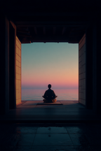 Yoga Meditation Ruhige Szene Person Meditiert See Horizont Sonnenuntergang Japanisches Design | Yoga und Meditation | Themen und Hobbys