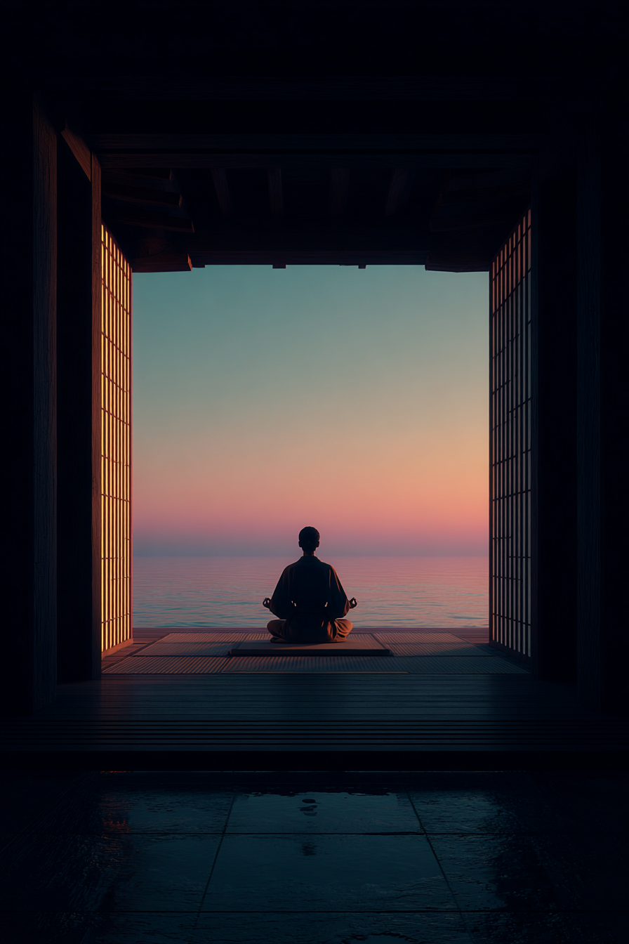 Yoga Meditation Ruhige Szene Person Meditiert See Horizont Sonnenuntergang Japanisches Design | Yoga und Meditation | Themen und Hobbys