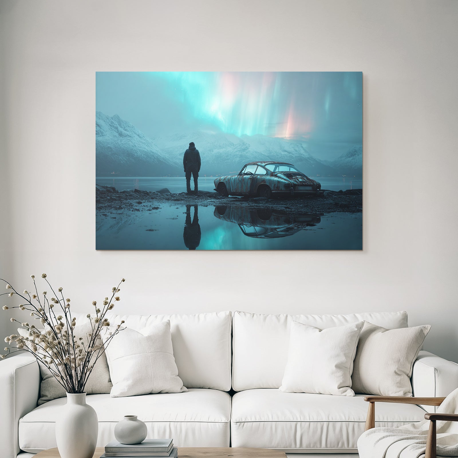 Polarlicht Ruhige Landschaft Aurora Borealis Auto Am Wasser | Fjorde und Gletscher | Landschaften