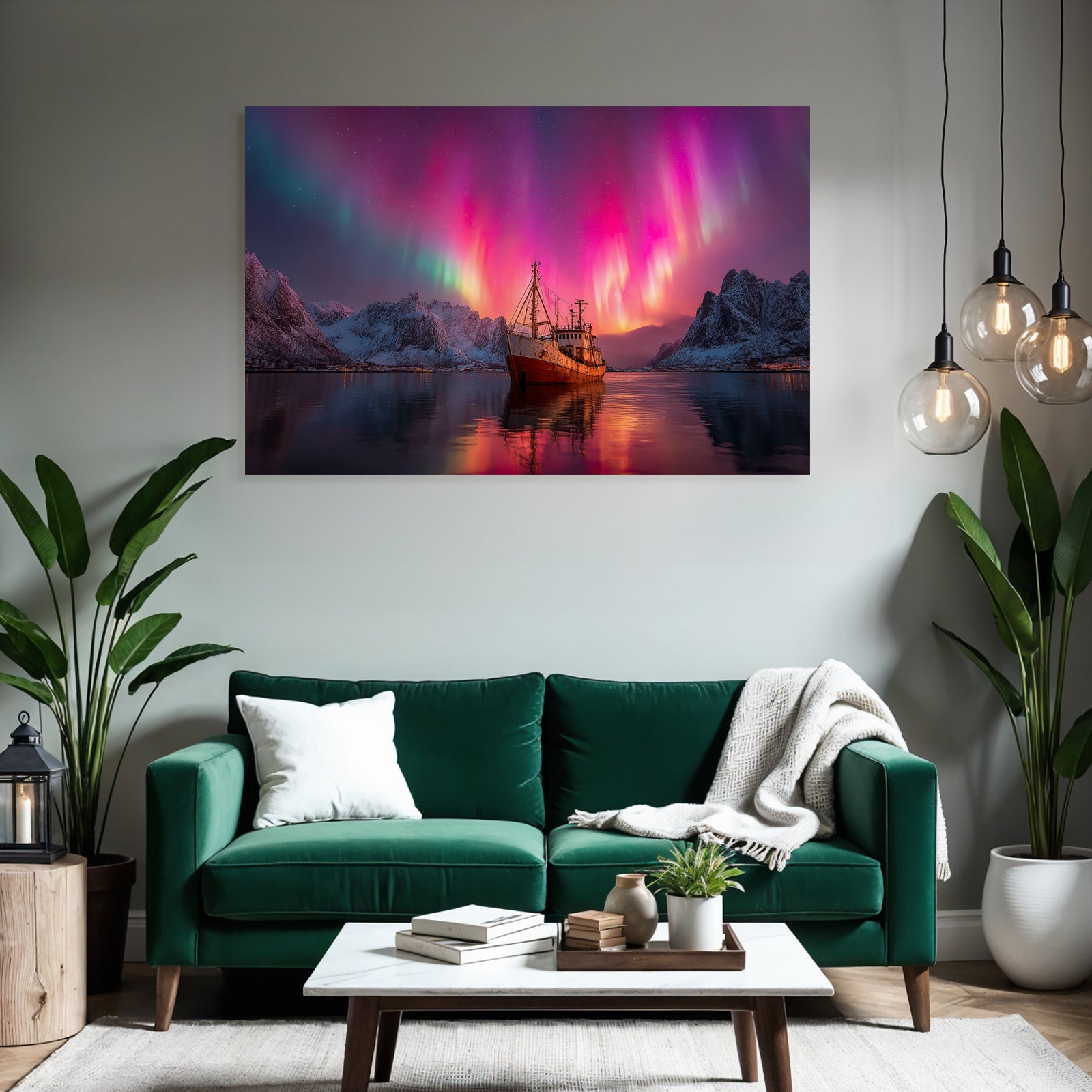Polarlicht Frozen Landscape With Aurora Borealis Und Altem Schiff | Fjorde und Gletscher | Landschaften