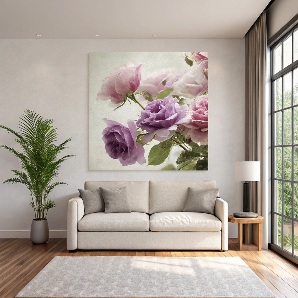 Naheaufnahme Eines Rosenstrausses In Zarten Rosa Und Lila Nuancen Romantisch